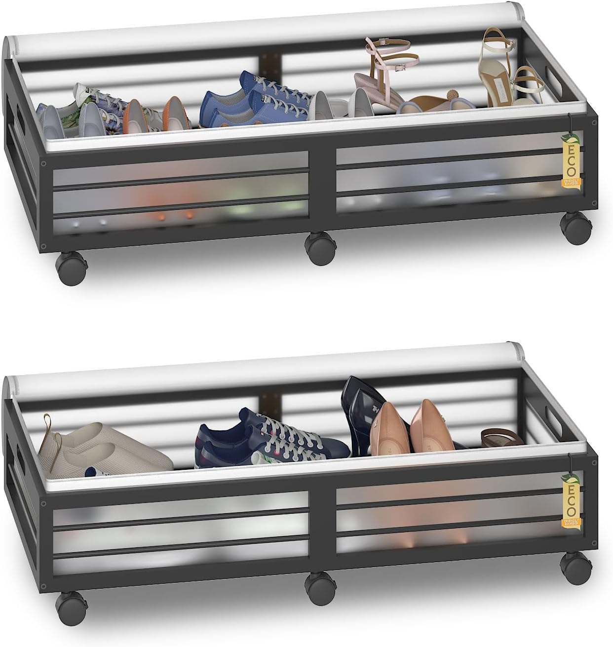 Bamboo Underbed Storage Containers with Wheels & Bag 2 Pack, Large Under Bed Rolling Storage Bins Wood Under Bed Clothes Storage Stackable Drawers for Bedroom Closet Under Crib Toy (Black)