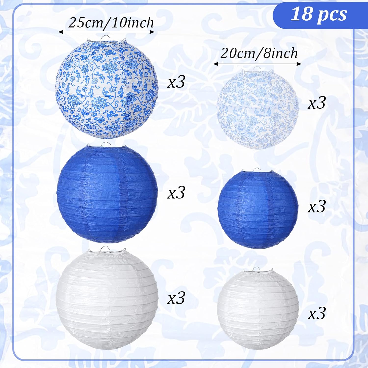 18 Pcs Chinese Lanterns Decorations Set, 8 & 10 Inch Blue White Porcelain Print Chinese Paper Lanterns with Metal Frame for Wedding Party Home Ceiling Decor