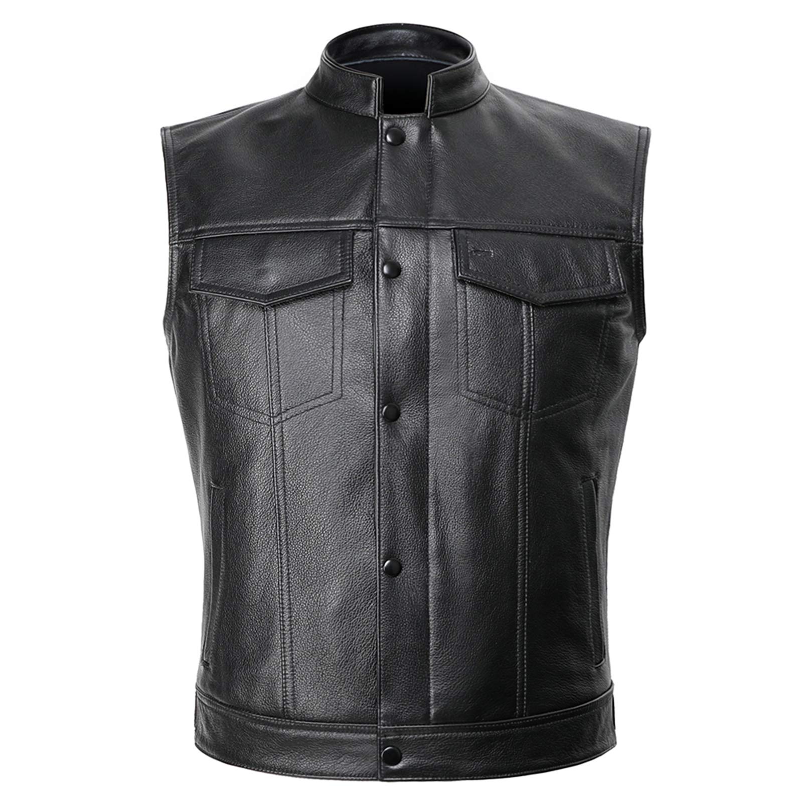 WYYSYNXB Men Stand-Up Collar First Layer Cowhide Motorcycle Locomotive Vest Vest Nightclub Bar Singer DS Stage Costumes Sleeveless Leather Jacket S-4XL Code Black