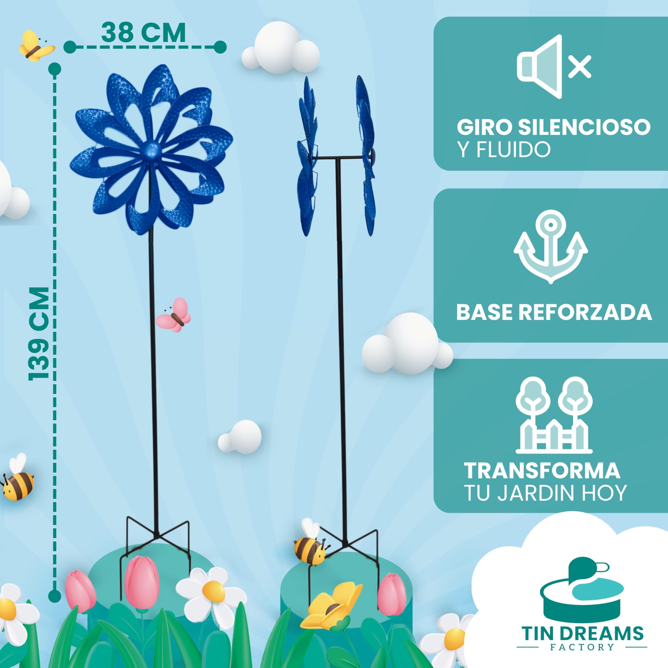 Molinillo de Viento - Decoración Jardín, Patio y Terraza - Molino de Metal Azul - Espantapajaros Exterior - Ahuyentador Palomas, Gaviotas - Repelente de Aves - Antipajaros