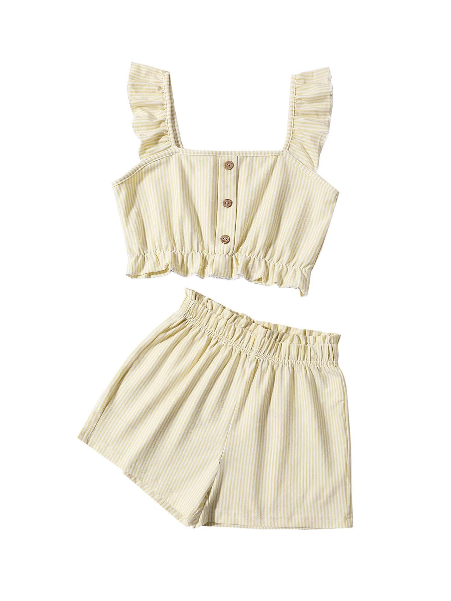 Girls 2 Piece Summer Outfits Ruffle Strap Striped Crop Top and Short Sets Yellow B 11-12 Years