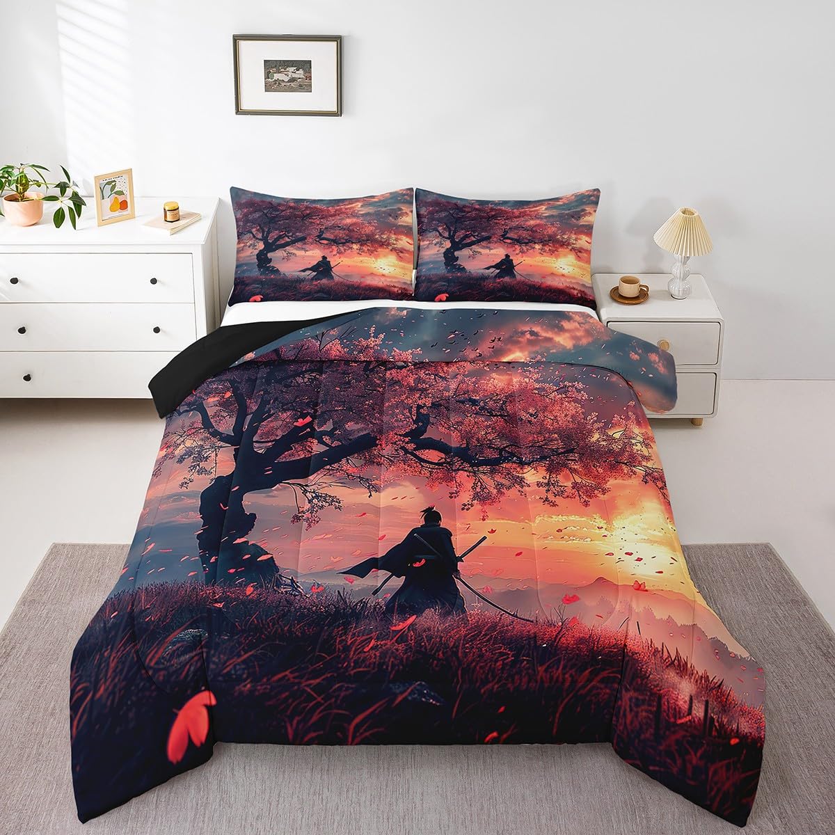 Erosebridal Japanese Samurai Full Bedding Sets Chic Cherry Blossoms Comforter Set, Natural Sunset Bedding Comforter Sets Mountain Tree Reed Marsh Duvet Insert, Asian Oriental Eastern Down Comforter