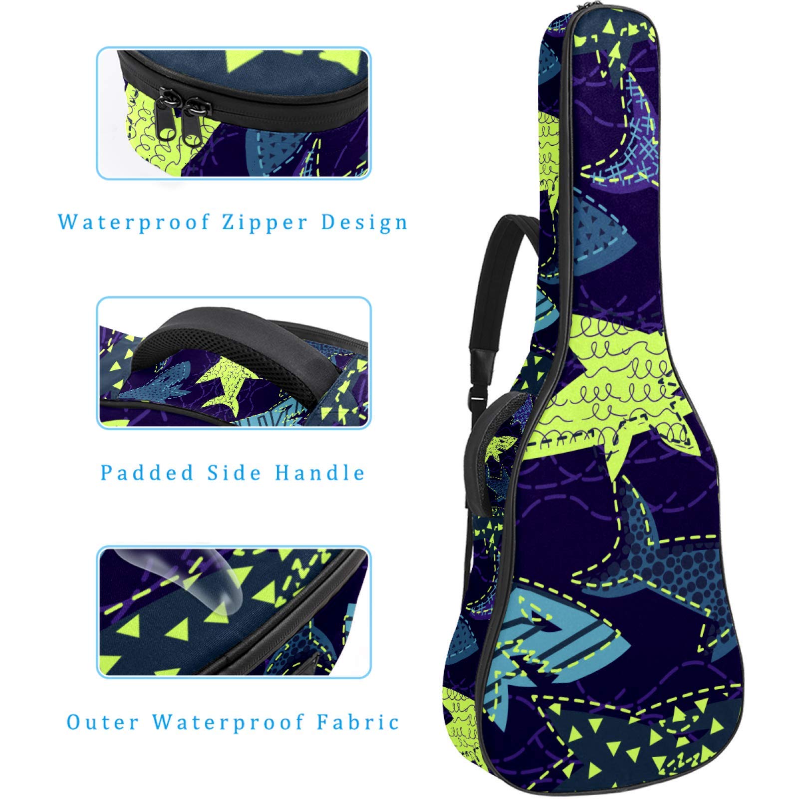Gitarrentasche mit Reißverschluss, wasserdicht, weich, für Bassgitarre, Akustik- und klassische Folk-Gitarre, Hai und Meer, Violett