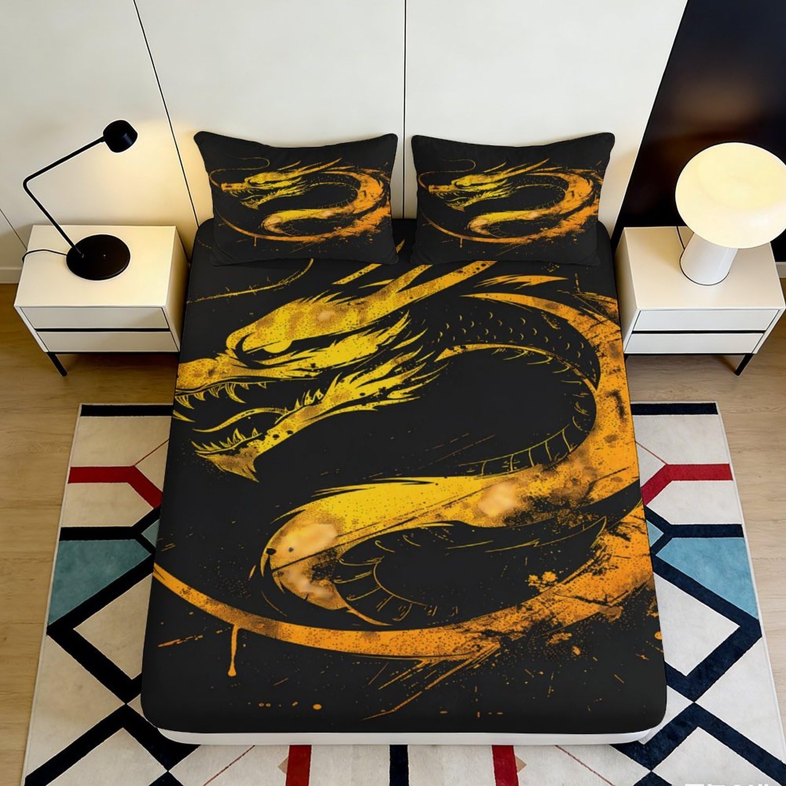 Uxinyoume Style-8 3D Printed Golden Dragon Fitted Sheet Microfiber Soft Durable Fire Serpent Bed Cover For Bedroom Home Decor 90X200x25cm
