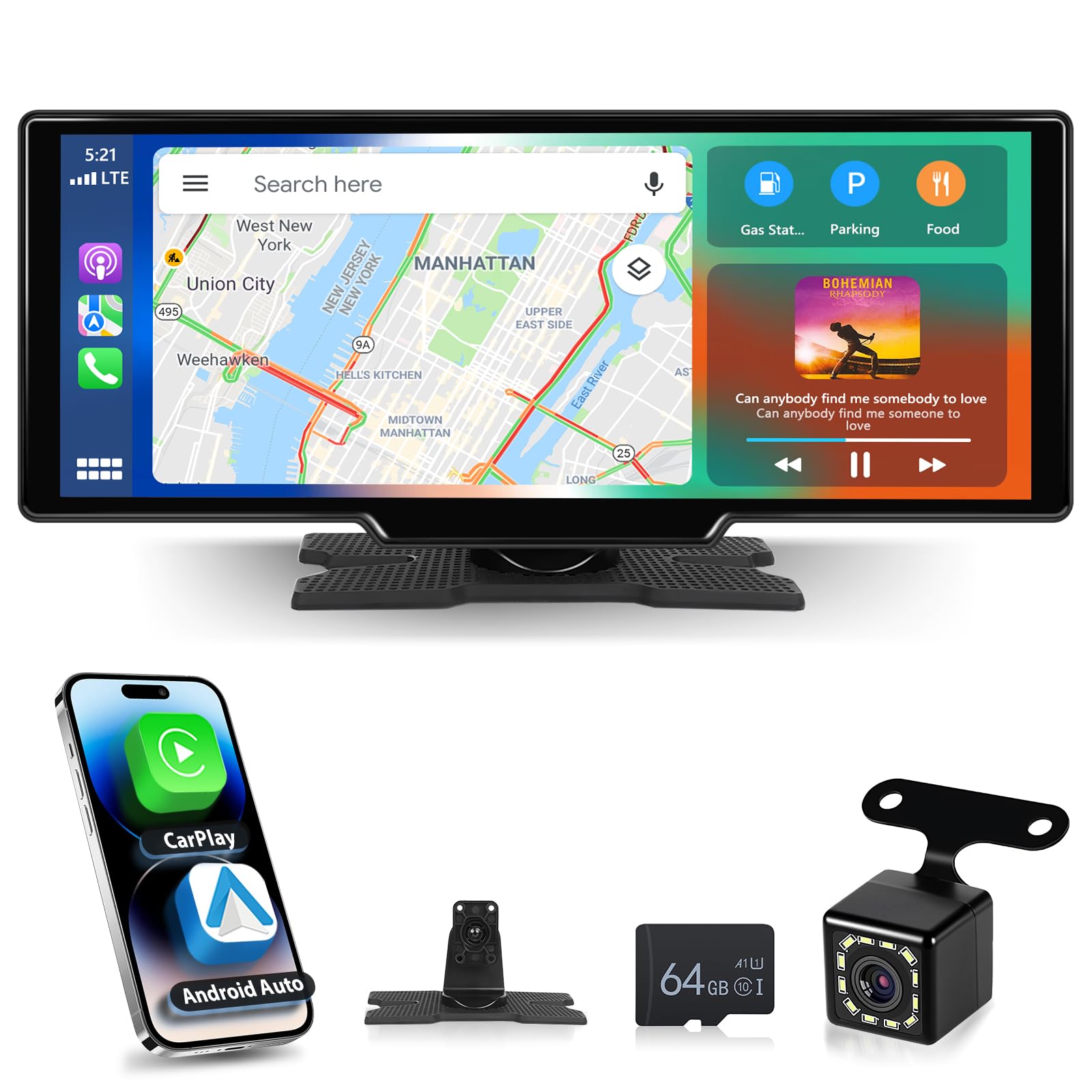 Écran CarPlay Voiture sans Fil Android Auto, Écran Tactile de 10,26 Pouces Voiture Stéréo, Autoradio Portable avec Navigation GPS Bluetooth Contrôle Vocal Mirror Link AUX/FM CarPlay Voiture