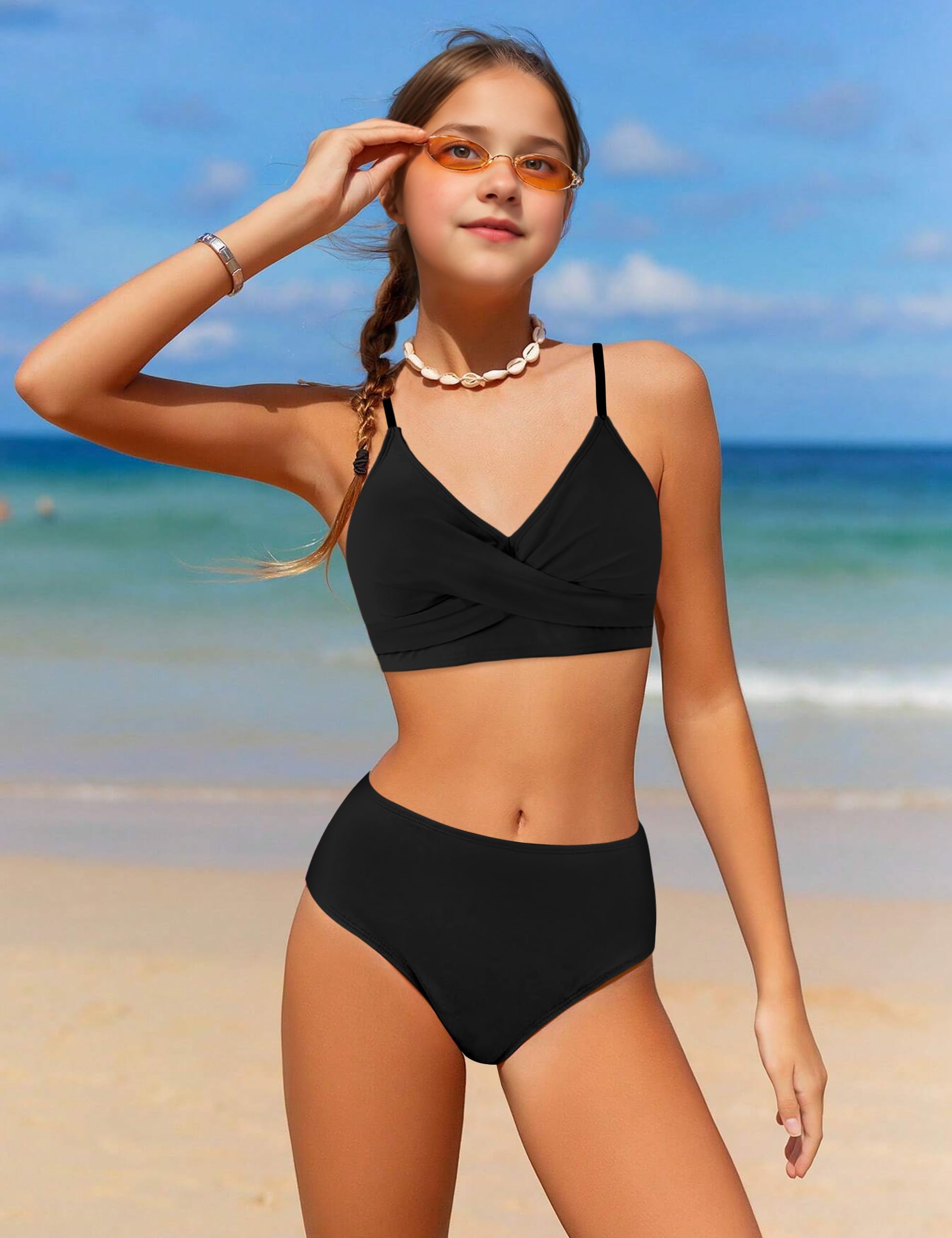 WIQI Conjunto de bikini de 2 piezas para niñas, con bloques de color, entrecruzado, talla 9-16