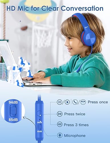 Miniatura 36 de Auriculares para niños con cable, auriculares sobre la oreja para niños con micrófono, límite de volumen de 85/94 dB, auriculares para niños y niñas