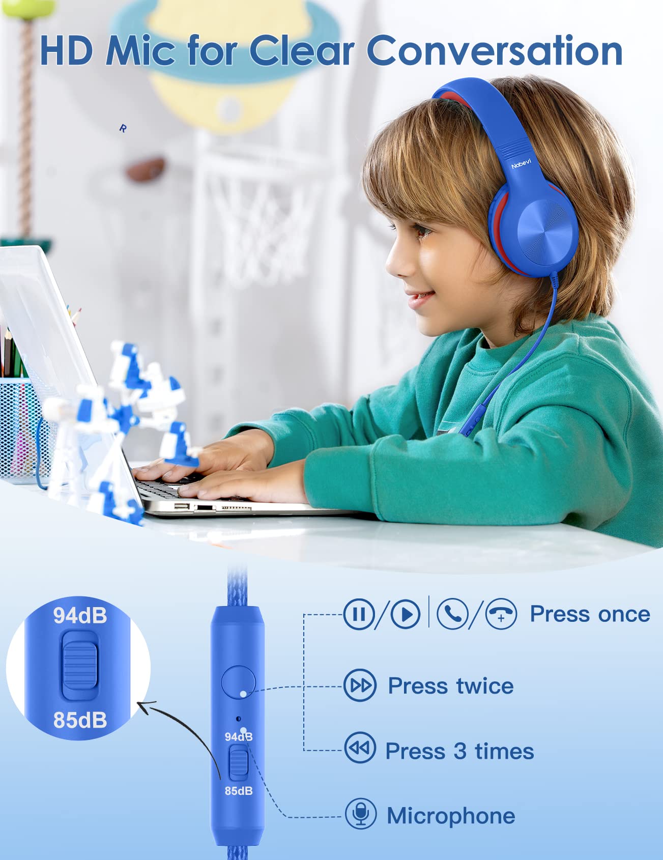 Nabevi Casque Audio Enfant Filaire avec Microphone, 85/94dB Limite de Volume, Sonore HD, Fonction de Partage, Pliable pour iPad/Tablet/PC/Voyage/École, Bleu Cobalt
