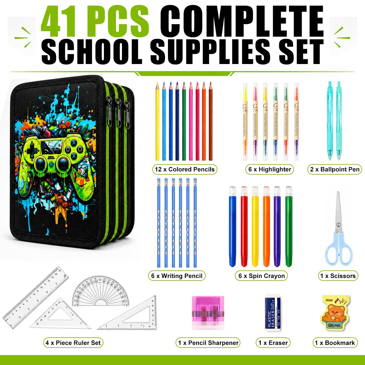 41 Artikel Federmäppchen 3 Fach Jungen, Federmappe Jungen Set, Federmäppchen 3 fächer, federtasche 3 fächer, Mäppchen Jungs, Einschulung Geschenk, Reißverschluss Schulbedarf(Schwarz Grün)