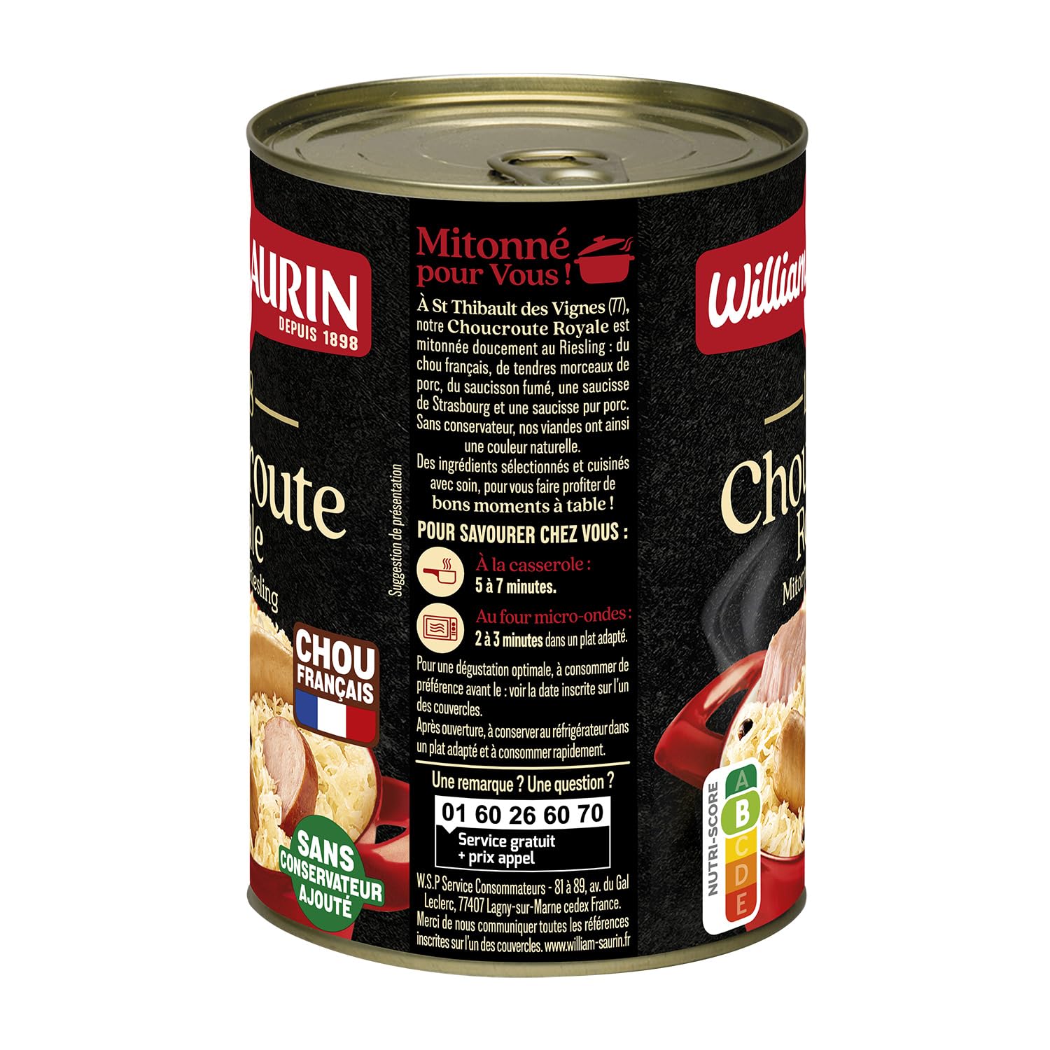 WILLIAM SAURIN Plat Individuel Choucroute Royale au Riesling - Boîte de 400g - Chou Français, Porc et Saucisse de Strasbourg - Sans Conservateur Ajouté - Origine France - Lot de 3