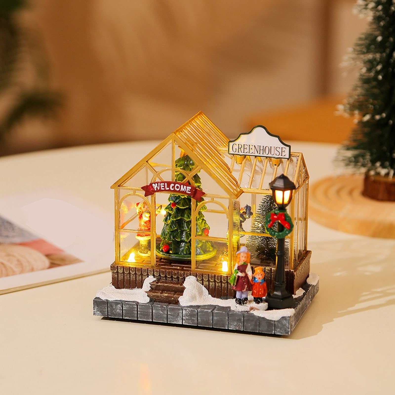 Adorno de resina musical de temporada navideña con luz LED, figura giratoria de árbol de Navidad, decoración de escritorio, adorno musical de casa