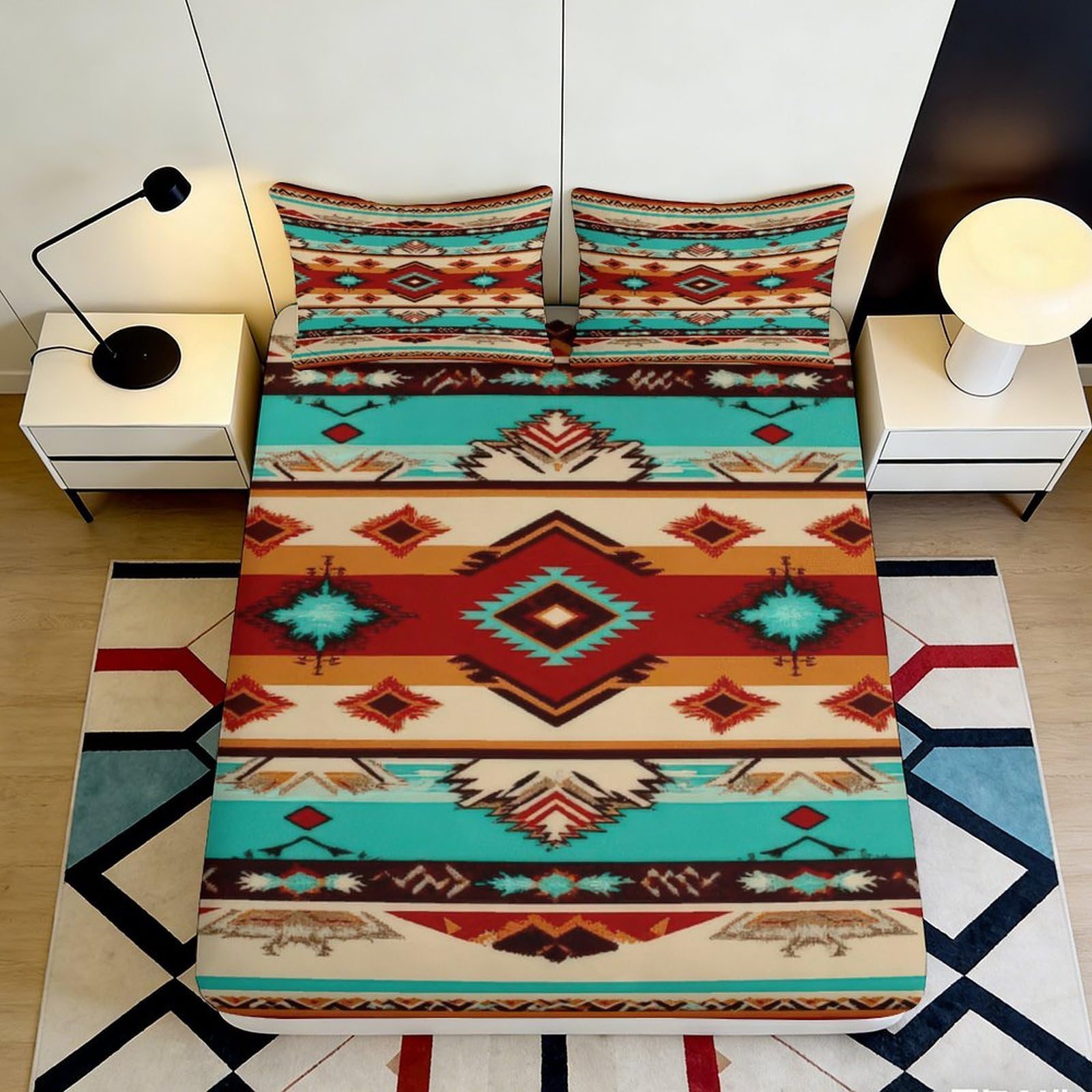 3D Printed Aztec Geometric Fitted Sheet Microfiber Soft Ethnic Tribal Bed Cover for Bedroom Guest Room Decor 90x200x25cm