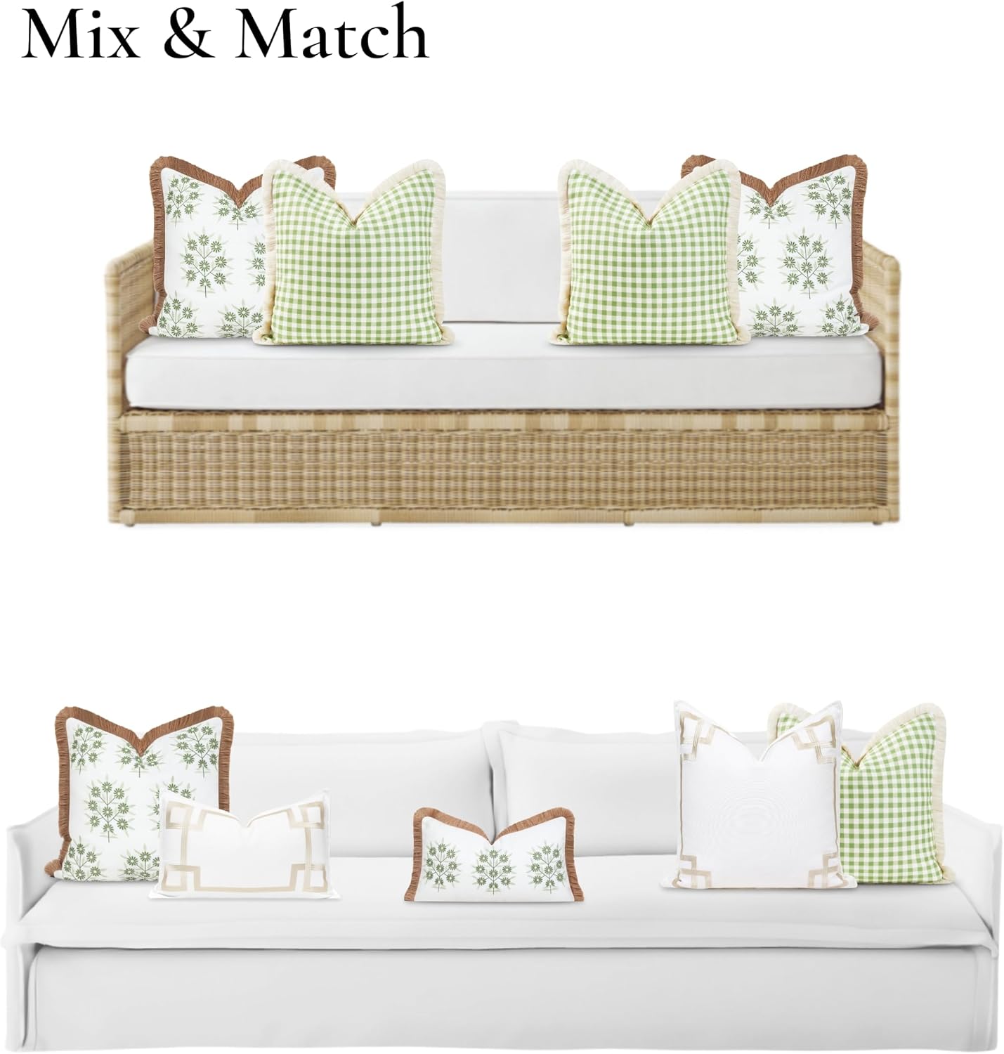 Hofdeco Premium Coastal Patio Indoor Outdoor Throw Pillow Cover Only, 20"x20" Water Repellent for Backyard, Couch, Green Embroidered Floral with Fringe