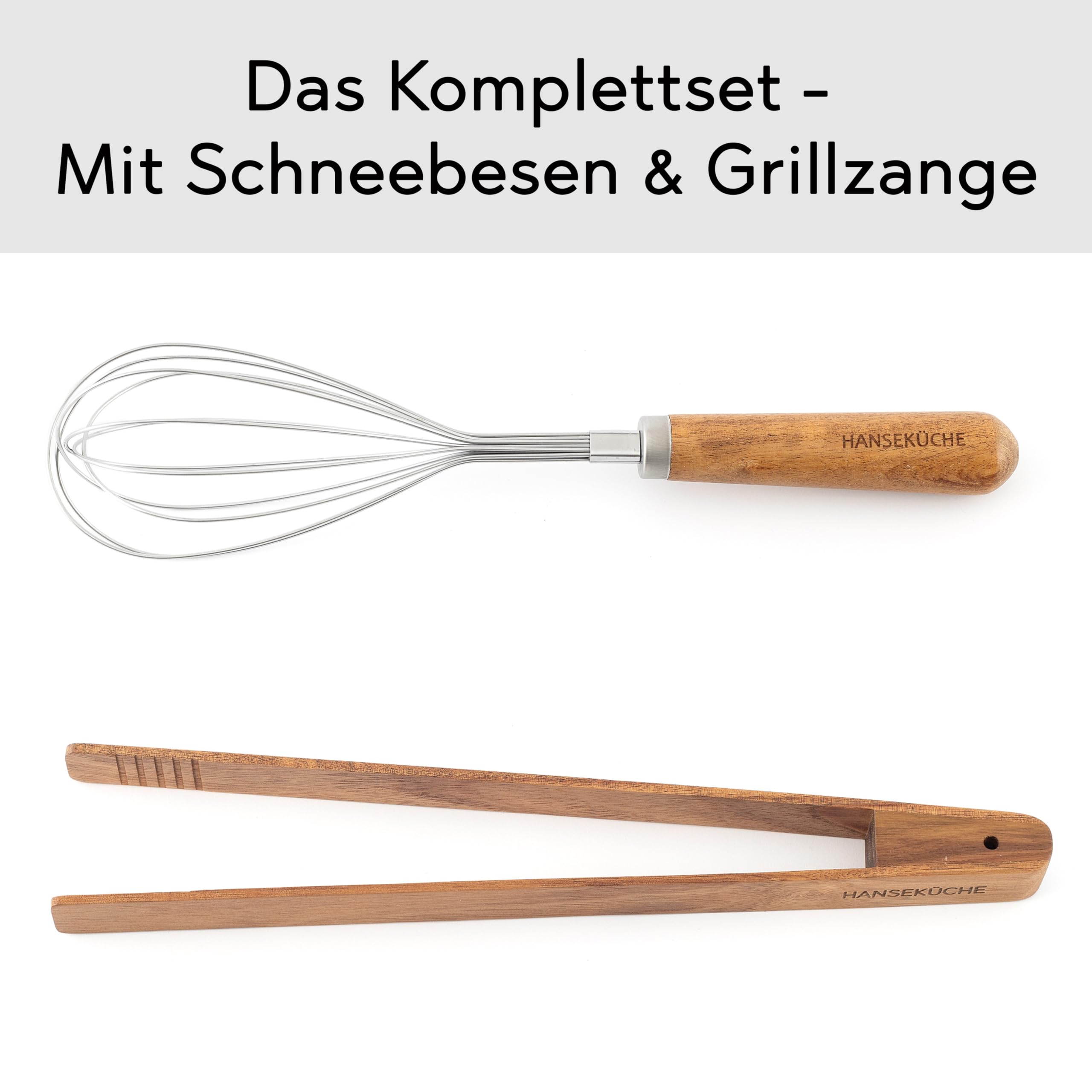 Hanseküche Küchenhelfer Set aus Holz - Grillzange, Schneebesen, Pfannenwender, Holzlöffel und Nudelschöpfer 9 teilig Löffel Teakholz (9er Set)