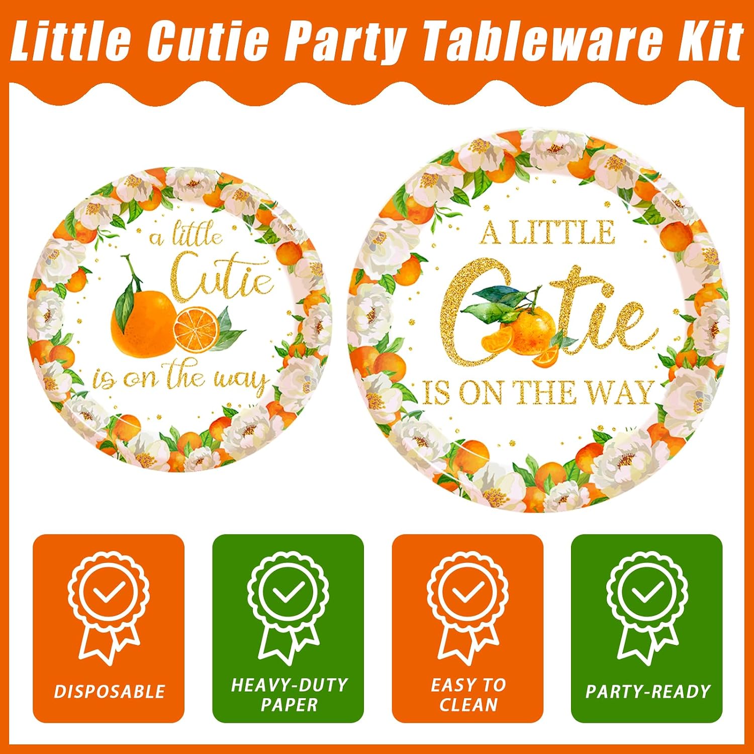 Kepeel 96 Pcs Little Cutie Baby Shower Party Plates and Napkins Set, A Little Cutie is on The Way Party Supplies Decorations Orange Citrus Tangerine Fruit Birthday Party Tableware Kit, Serves 24