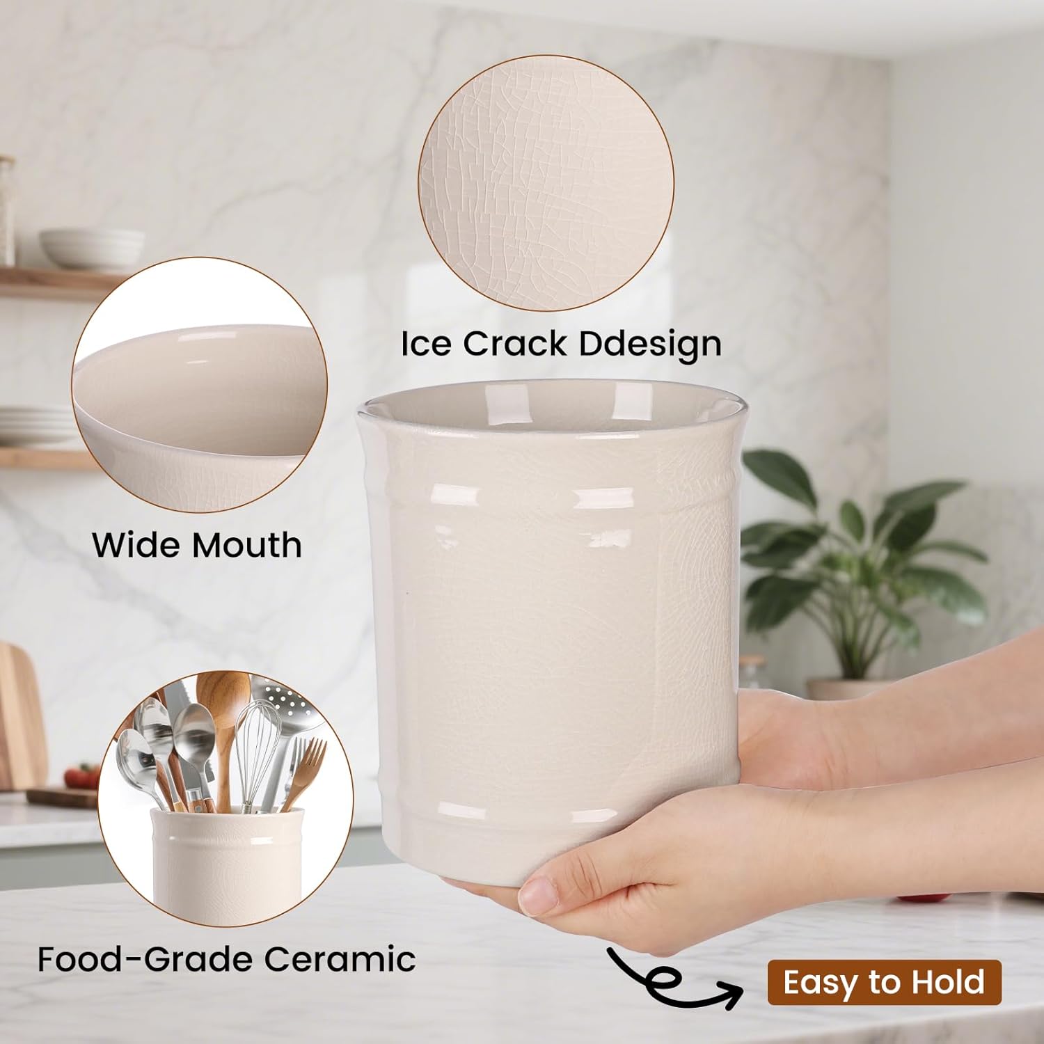 SZUAH Kitchen Utensil Holder, Larger Ceramic Utensil Crock for Kitchen Counter top & Dining Table (Cream, 5.9" x 5.9" x 6.7")