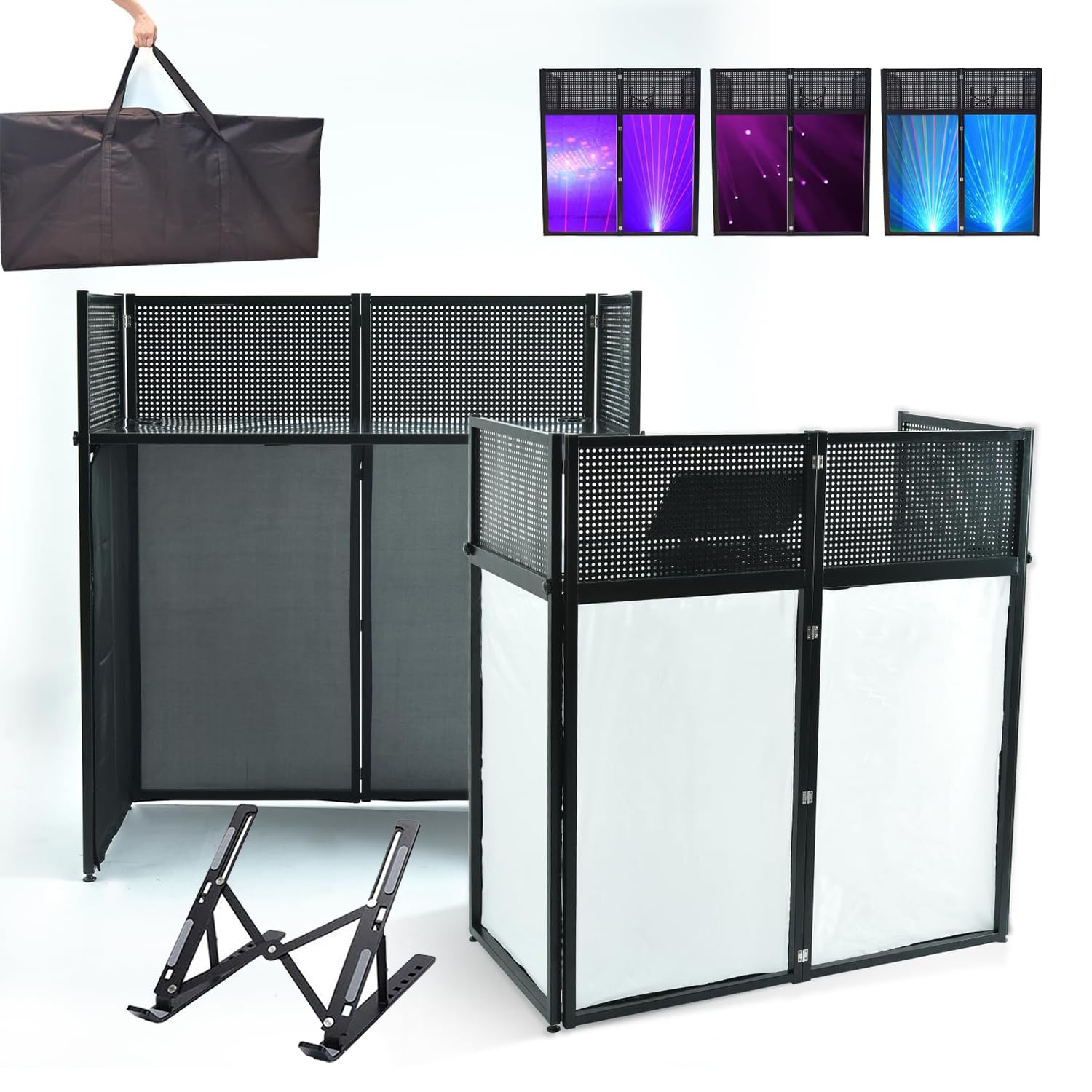 Cabina de DJ con fachada, Mesa de DJ con fachada, Mesa Plegable de 40 x 40 x 20 Pulgadas con Superficie Plana para DJ con Tejido Blanco y Negro, Bolsa de Transporte Acolchada