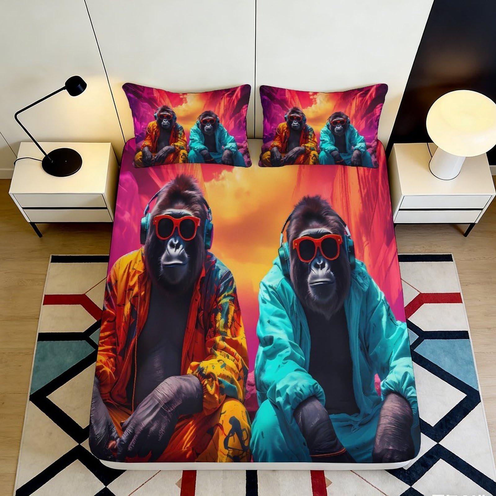 Uxinyoume Style-9 3D Printed Cool Gorilla Art Fitted Sheet Microfiber Soft Vibrant Animal Bed Cover For Bedroom Dorm Decor 90X200x25cm