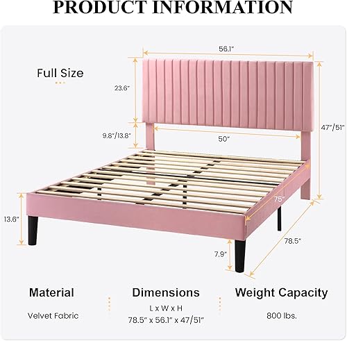 Miniatura 2 de SHA CERLIN Base de cama de plataforma tapizada completa con cabecera ajustable, tela de terciopelo capitoné de canal vertical, soporte de listones
