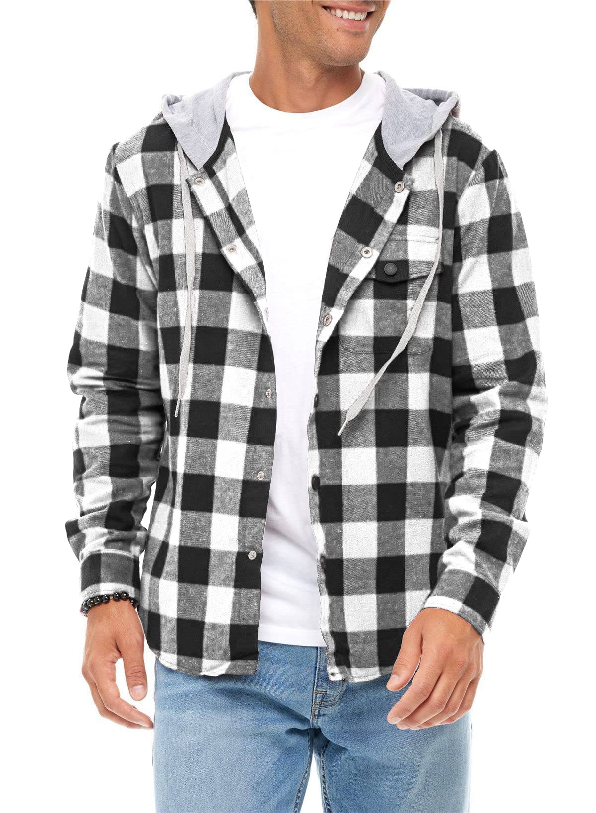JMIERR Mens Casual Long Sleeve Button Down Hooded Flannel Shirts for Men Lightweight Drawstring Hooded Jackets Shirt