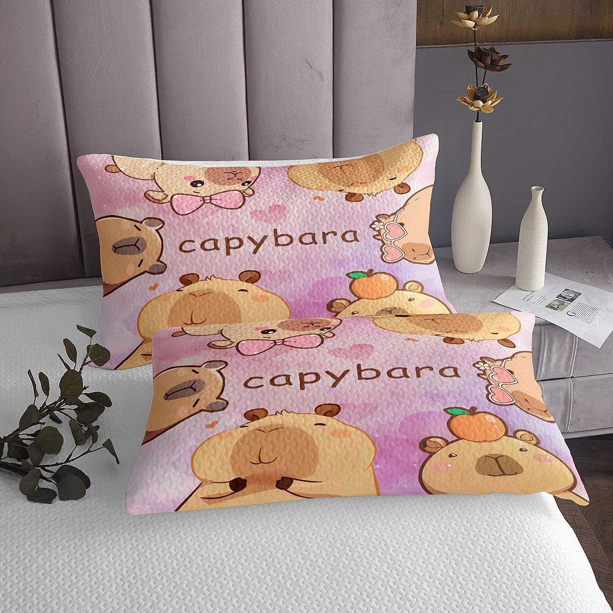 jejeloiu Cartoon Capybara Bedspread 2 Pieces Twin Size Funny Capybaras Coverlet Set Soft Cozy Capybara Lover Lightweight Quilted Coverlet for All Season with 1 Pillowcase Cute Animals