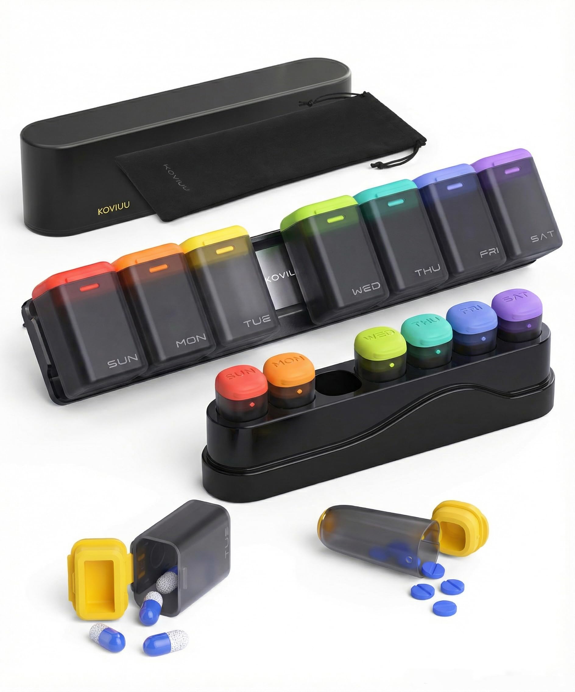 KOVIUU Weekly Pill Organizer Magnetic Black and Weekly Pill Organizer 1 Time a Day Black
