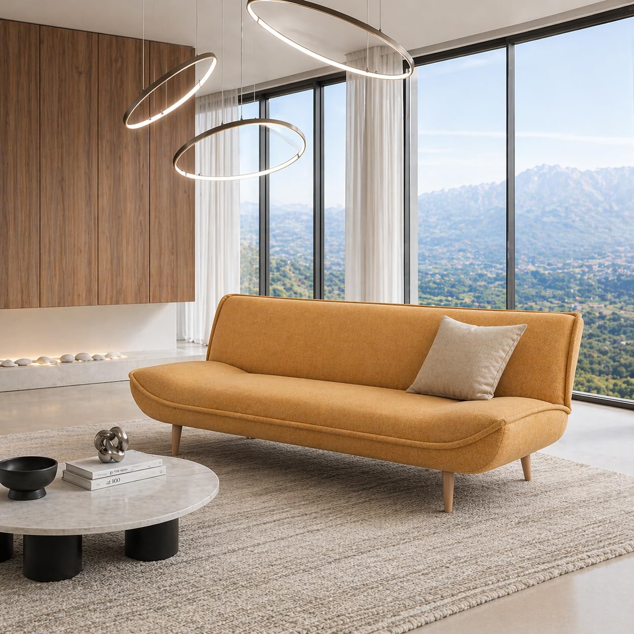 EVERGREENWEB Divano Letto 3 Posti Clic Clac in Tessuto Imbottito color Giallo, Design Moderno, Schienale Reclinabile, Regolabile su 3 Livelli, Trasformabile in Comodo Letto, Gambe in Legno | SOFLA
