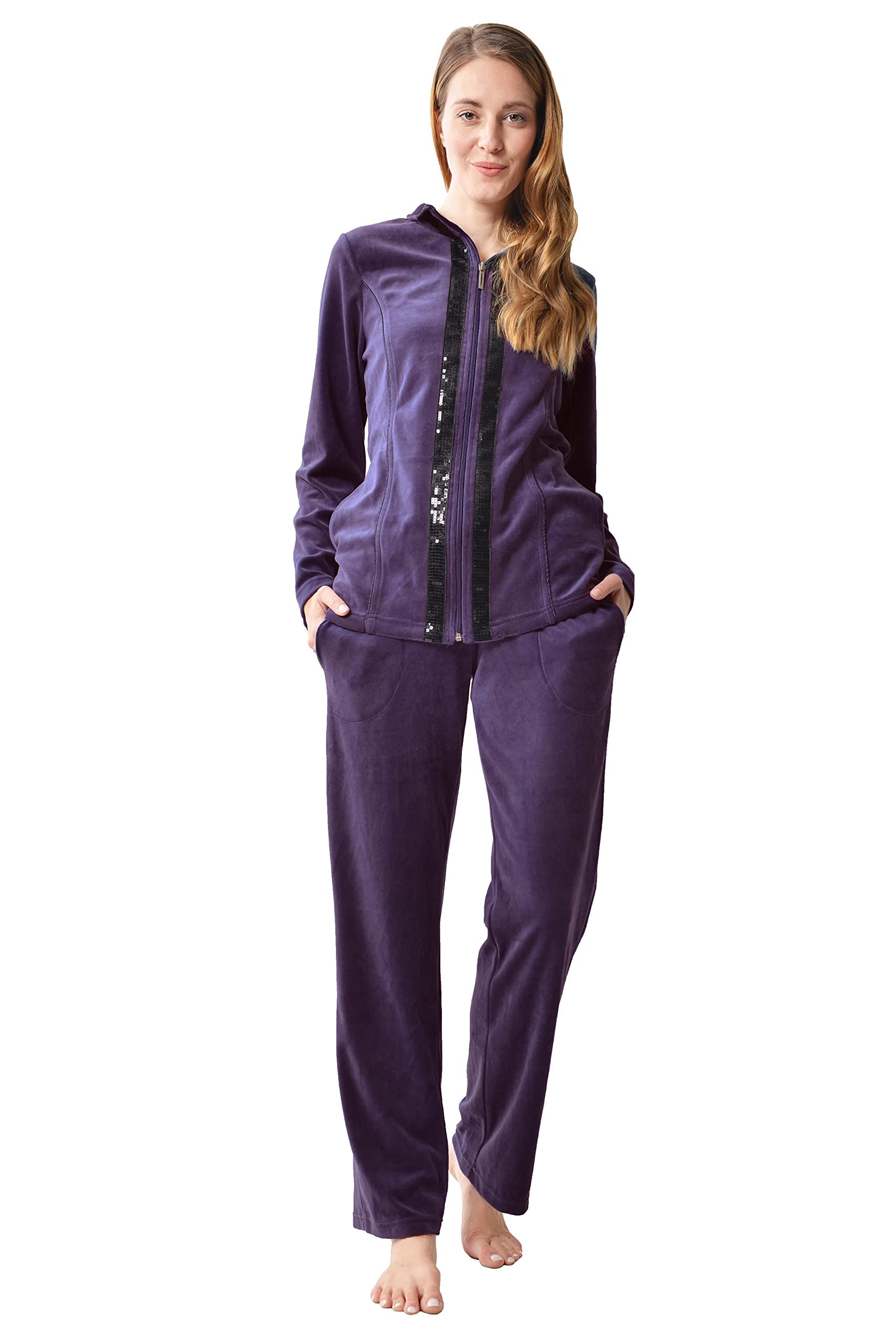 DeSen Damen Velours Nicki Freizeitanzug Fitnessanzug Hausanzug Jogginganzug Nicki-Anzug mit Reißverschluss und Glitzersteinen