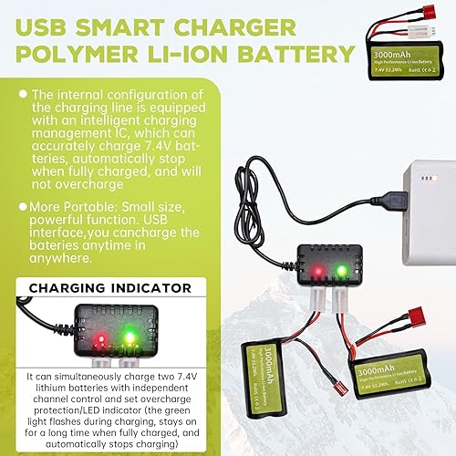 Miniatura 4 de sea jump 2 unids 7.4V 3000mah 15C 2S Li ion batería con enchufe tipo T y cargador 2 en 1 para WLtoys 12423 MJX 14301 14302 14303 H16PL alta