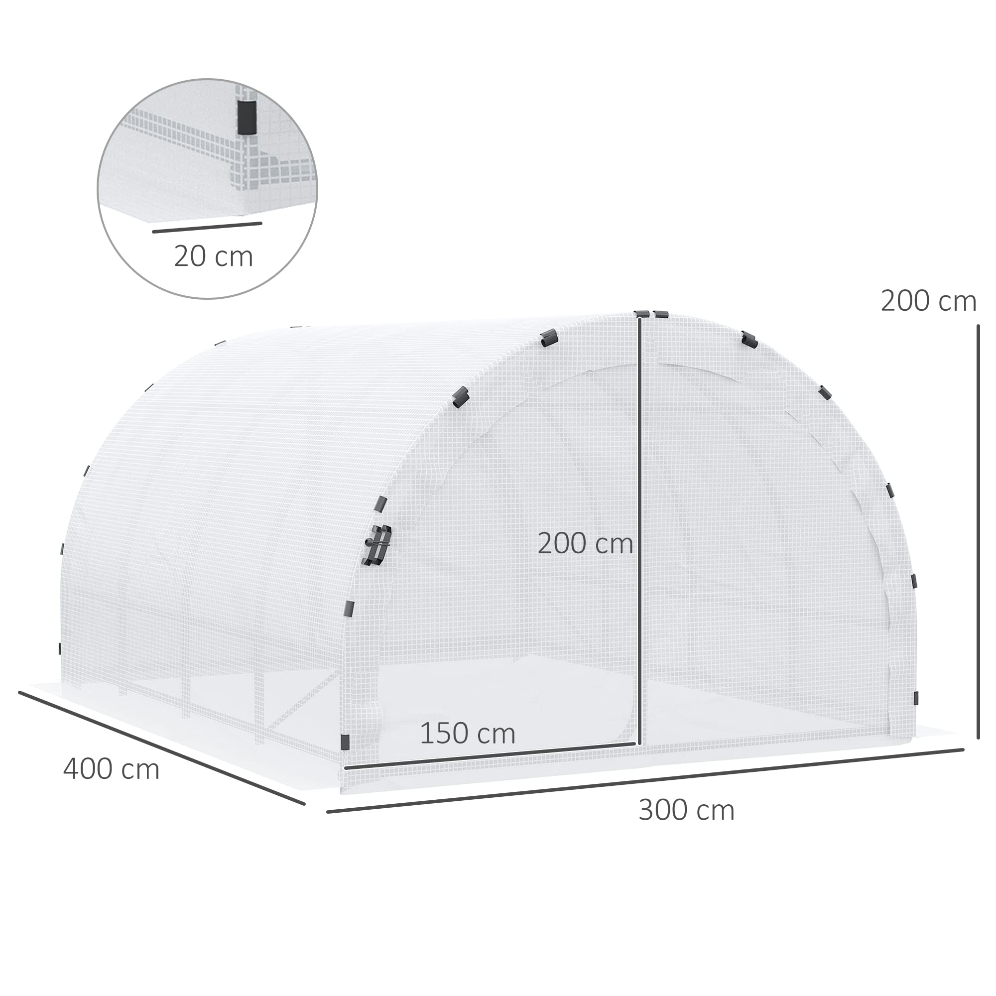 Outsunny Serre de Jardin Tunnel Surface Sol 12 m² 4L x 3l x 2H m châssis Tubulaire renforcé 25 mm Double Porte avec poignées Blanc