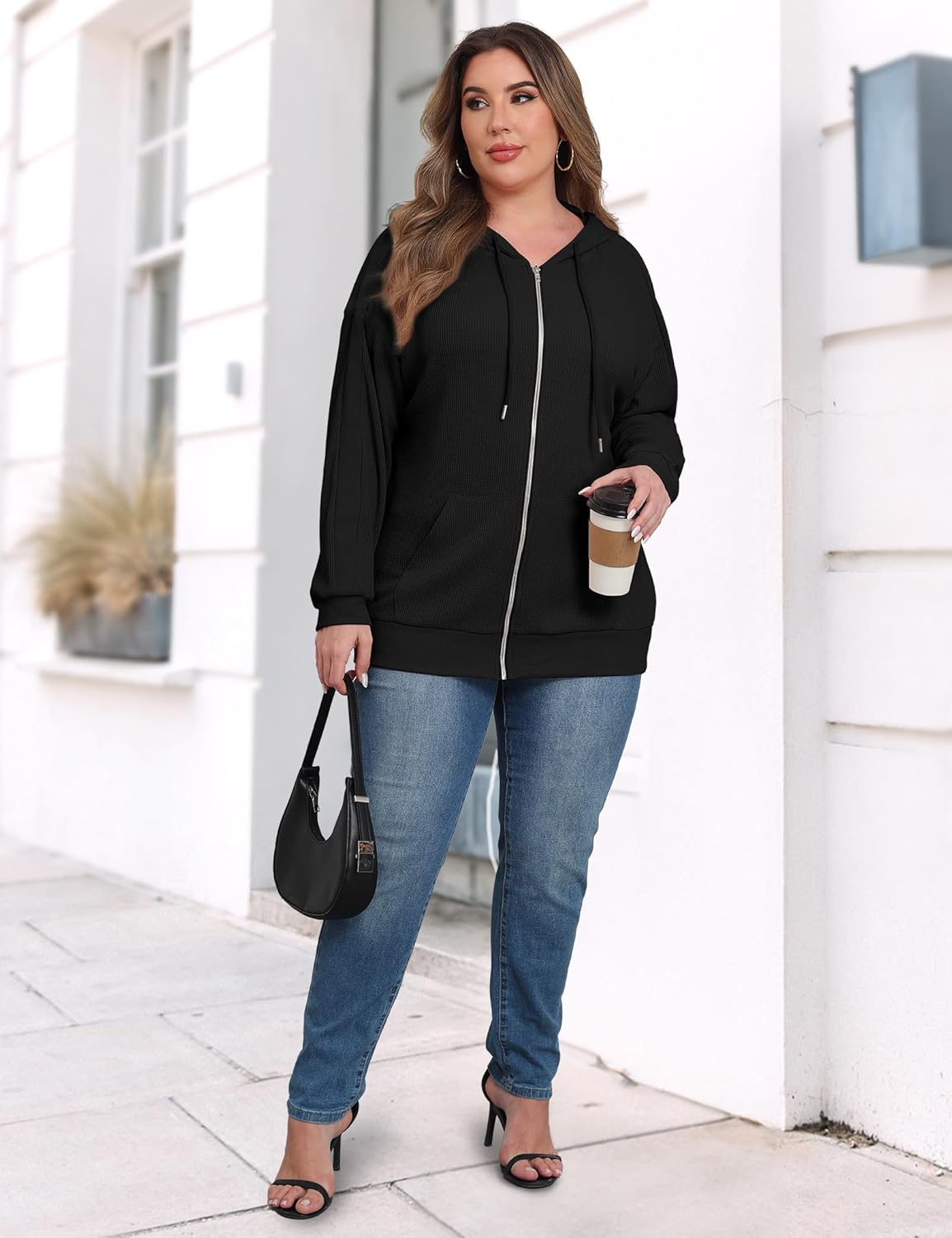 FOREYOND Plus Size Zip Up Hoodies for Women Long Sleeve Lightweight Waffle Jacket Casual Hooded Sweatshirt with Pockets - Image 6