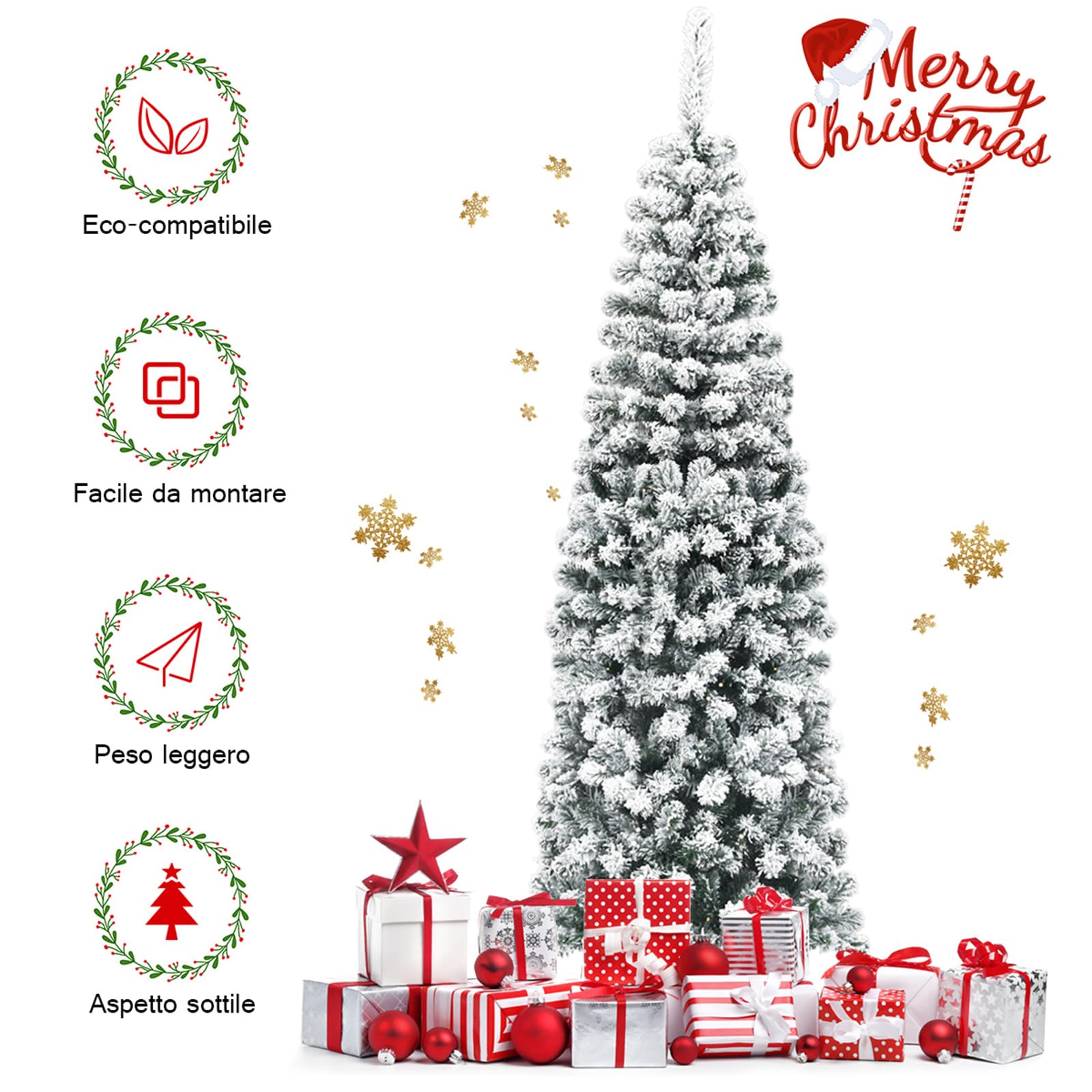 COSTWAY Albero di Natale Innevato 140/180/225 cm, Albero di Natale Artificiale Slim con 242/500/641 Rami Realistici e Folti e Base Pieghevole di Metallo, Apertura a Ombrello (180 cm)