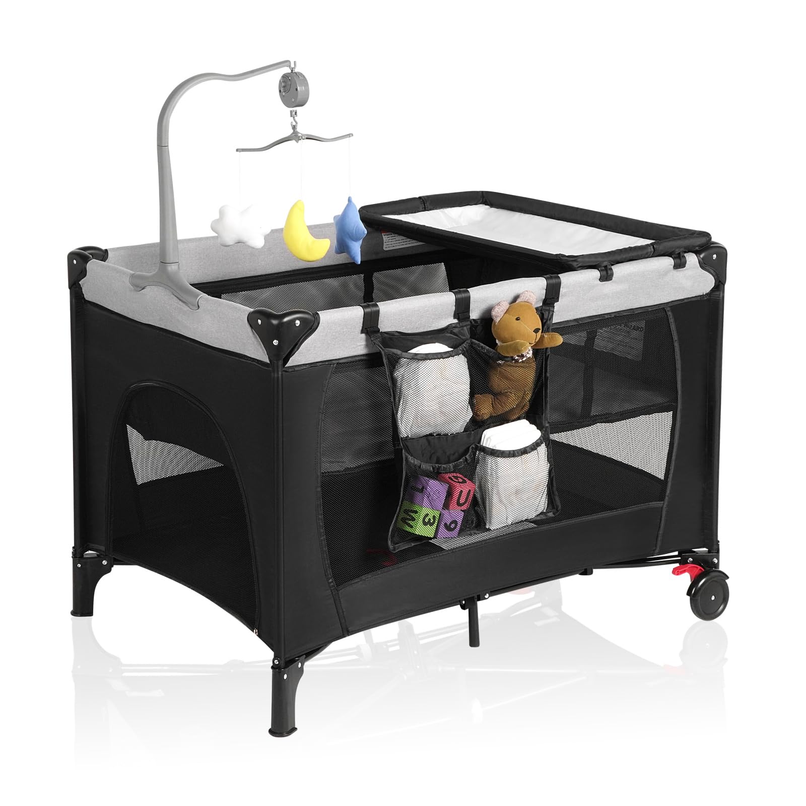 Pack and Play with Changing Table & Carry Bag, 4-in-1 Portable Crib Playpen for Newborn to Toddler, ASTM Certified Foldable Travel Crib with Bassinet(