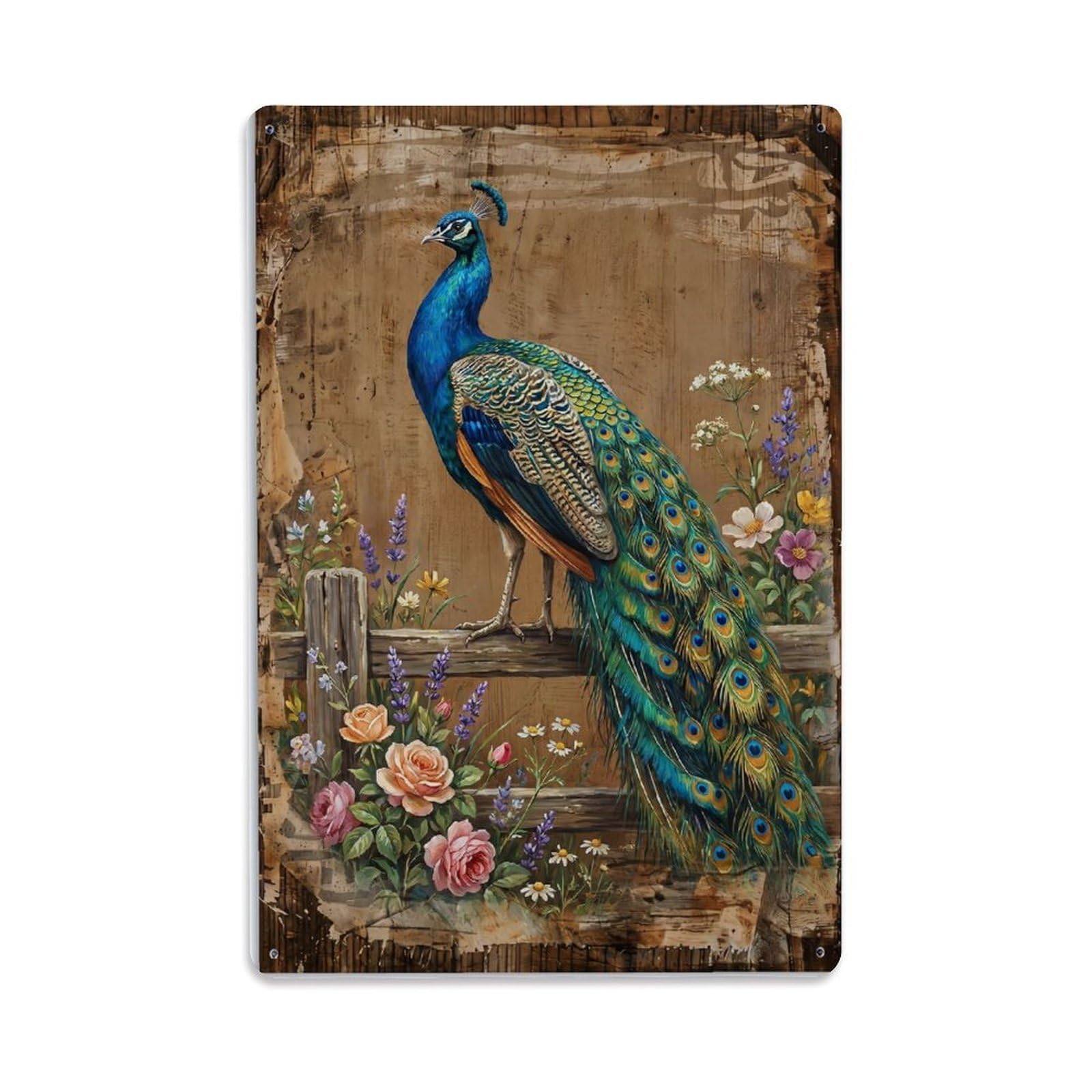 Peacock Farm Colorful Bird Feathers Vintage Metal Tin Sign Plaque Wall Decor for Cafe, Club, Garden Metal Poster 8x12Inch