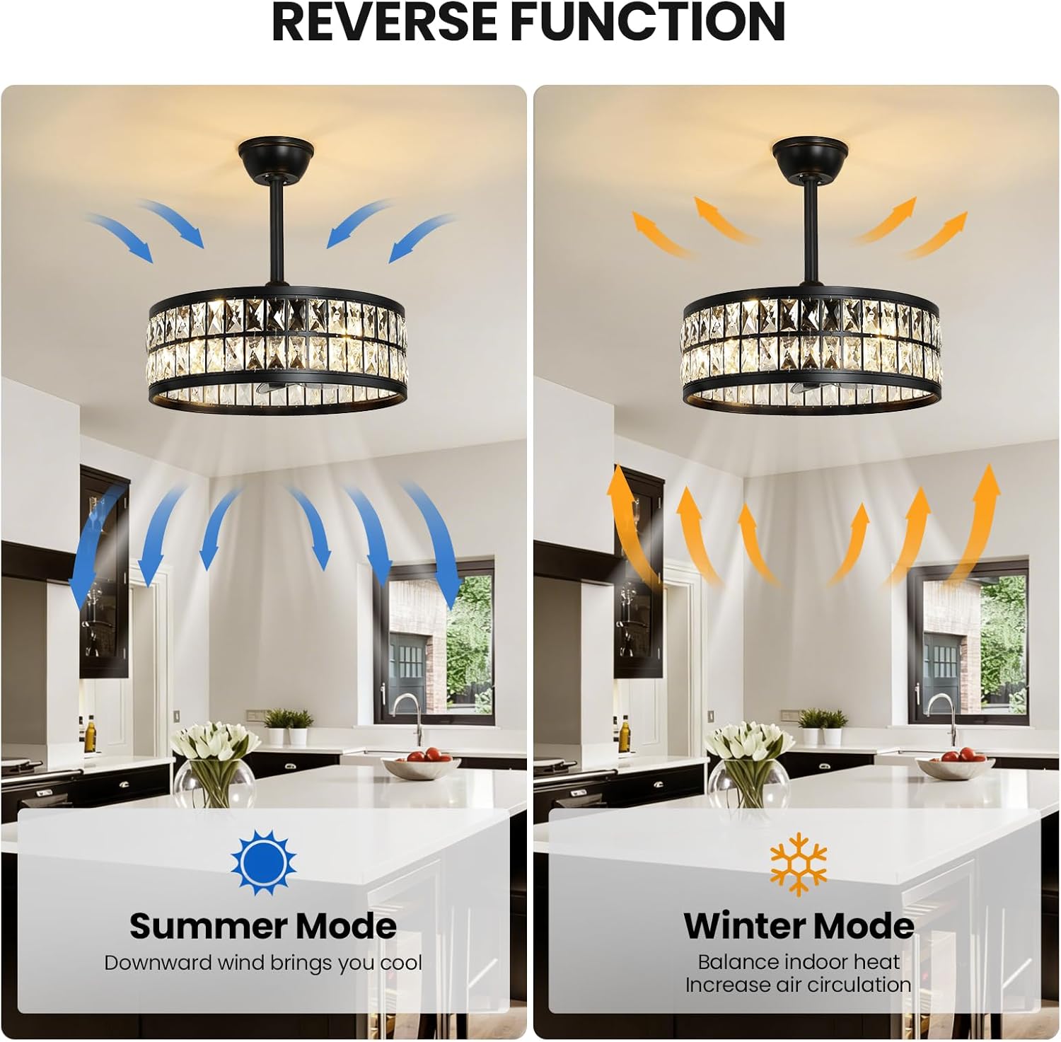 KAISITE Black Caged Ceiling Fan with Light and Remote Control 19" Bladeless Crystal Modern Fandelier Semi Flush Mount Farmhouse Chandelier Ceiling Fan for Kitchen Bedroom Dining Room