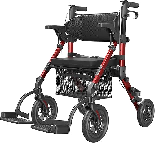 VOCIC Caminador con asiento para personas mayores, 2 en 1, silla de ruedas con rodillo, caminante, silla de ruedas, ligera, plegable, 300 libras,
