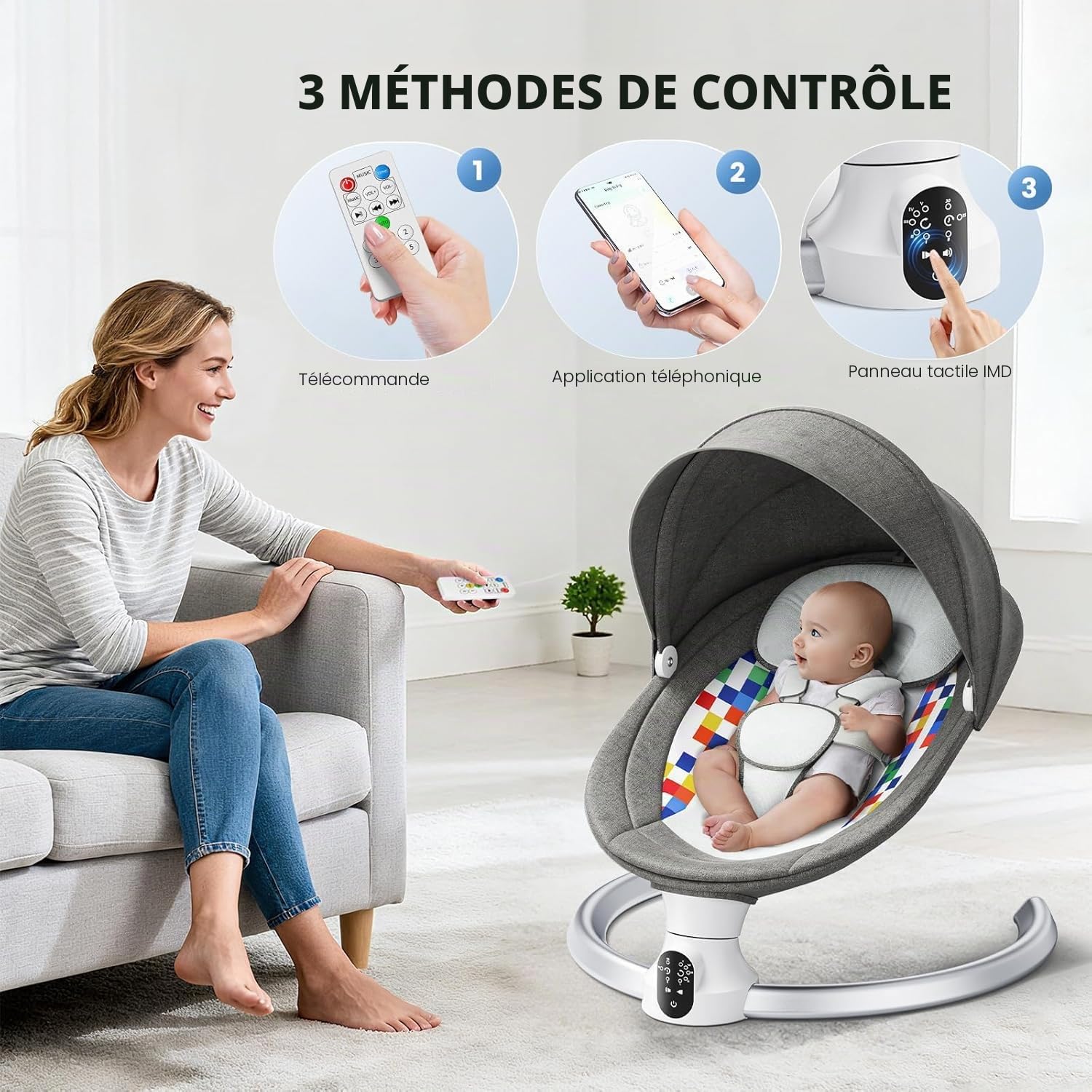 Transat Bébé Electrique, APP et Télécommande Balancelle Bébé Dès La Naissance à 9kg, Harnais à 5-Points Amélioré Balançoire pour Bebe Avec 3 minuteries, 5 vitesses et 10 Mélodies (0-9 Mois)