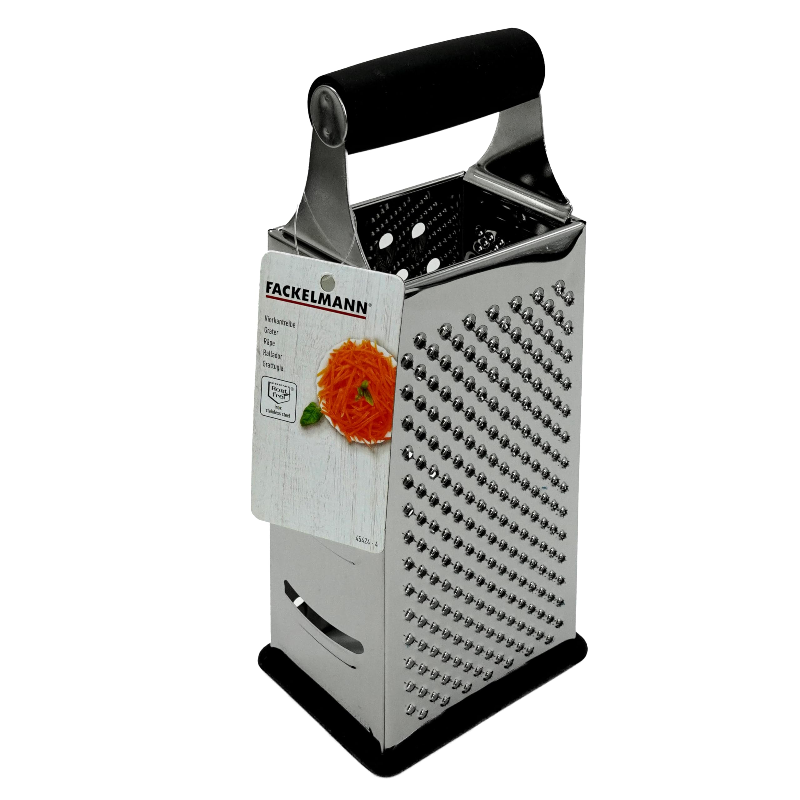 Grattugia Quadrangolare Fackelmann 45424 In Acciaio Inox - 4 Lati Per Grattugiare, Affettare E Scorzare - Manico Antiscivolo In TPE - Multiuso Per Formaggio, Verdura E Cioccolato