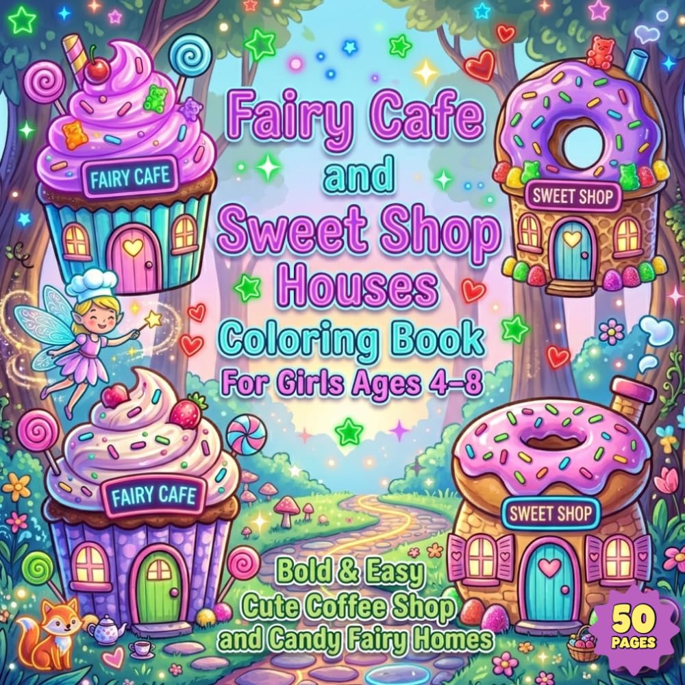 Fairy Café and Sweet Shop Houses Coloring Book for Girls Ages 4–8: Bold and Easy Cute Coffee Shop, Candy Store, and Magical Fairy Home Coloring Pages for Kids