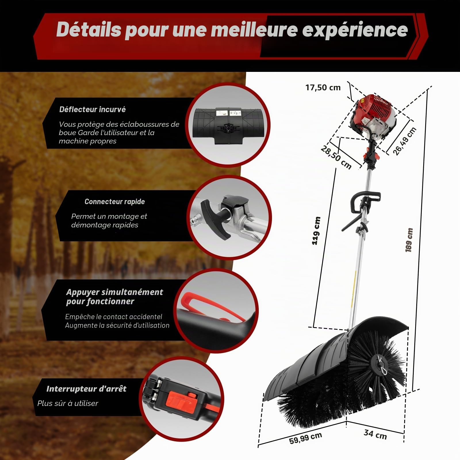 Balayeuse à essence 52CC 2.3HP Brosse à moteur à essence, balai à moteur manuel de 1,8M pour le nettoyage de gazon, feuilles, gazon artificiel, herbe et gravier