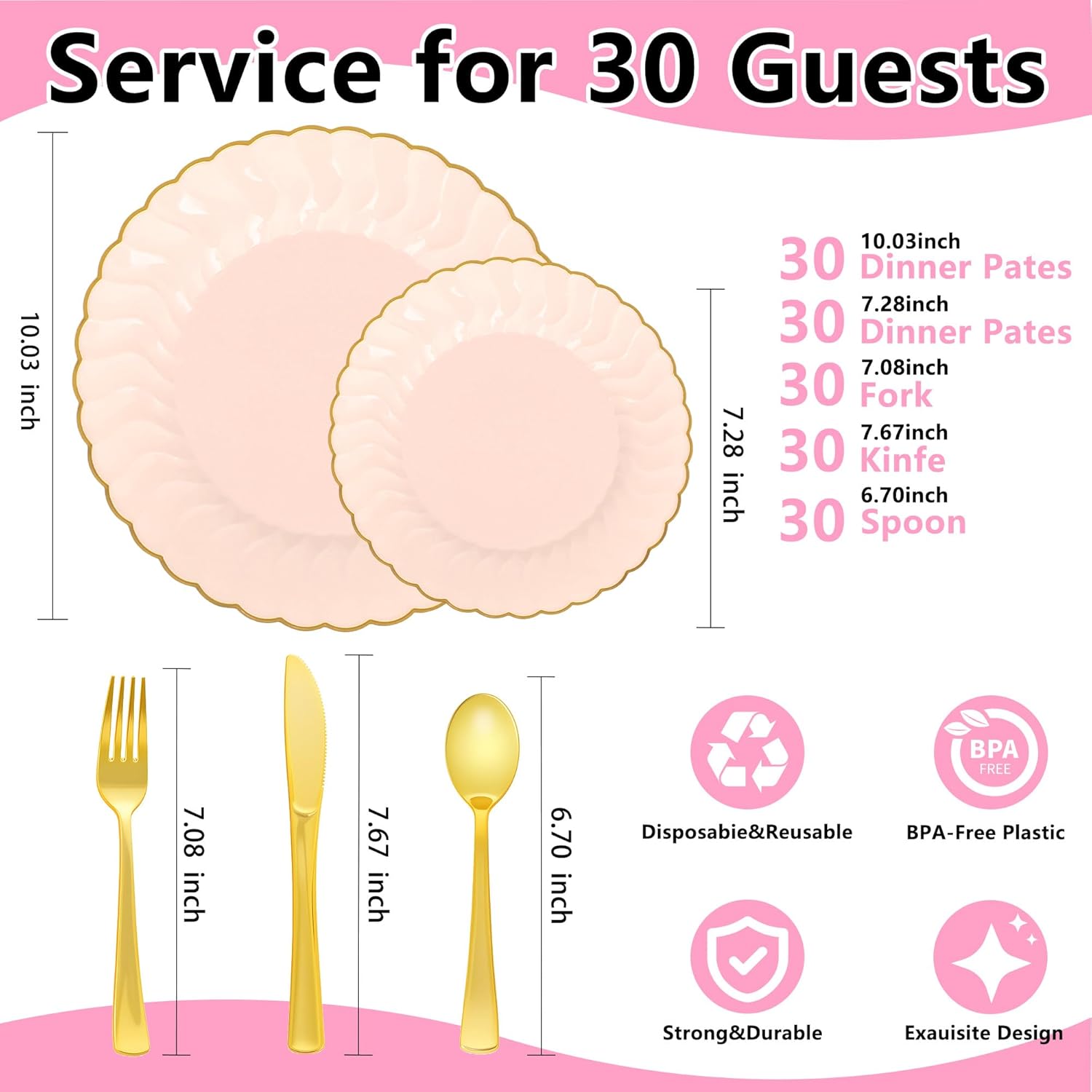 150 Pcs Pink and Gold Scalloped Plastic Plates,Disposable Dinnerware Set Including 30 Pink Dinner&Dessert Plates,Gold Plastic Silverware for Party,Birthday,Wedding