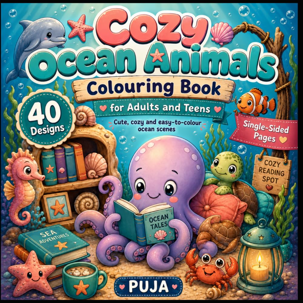 Cozy Ocean Animals Colouring Book for Adults and Teens: Bold and Easy Cute Sea Creature Designs Featuring Cosy Underwater Scenes and Ocean Characters ... Single-Sided Pages (Bold & Easy Cozy Animals)