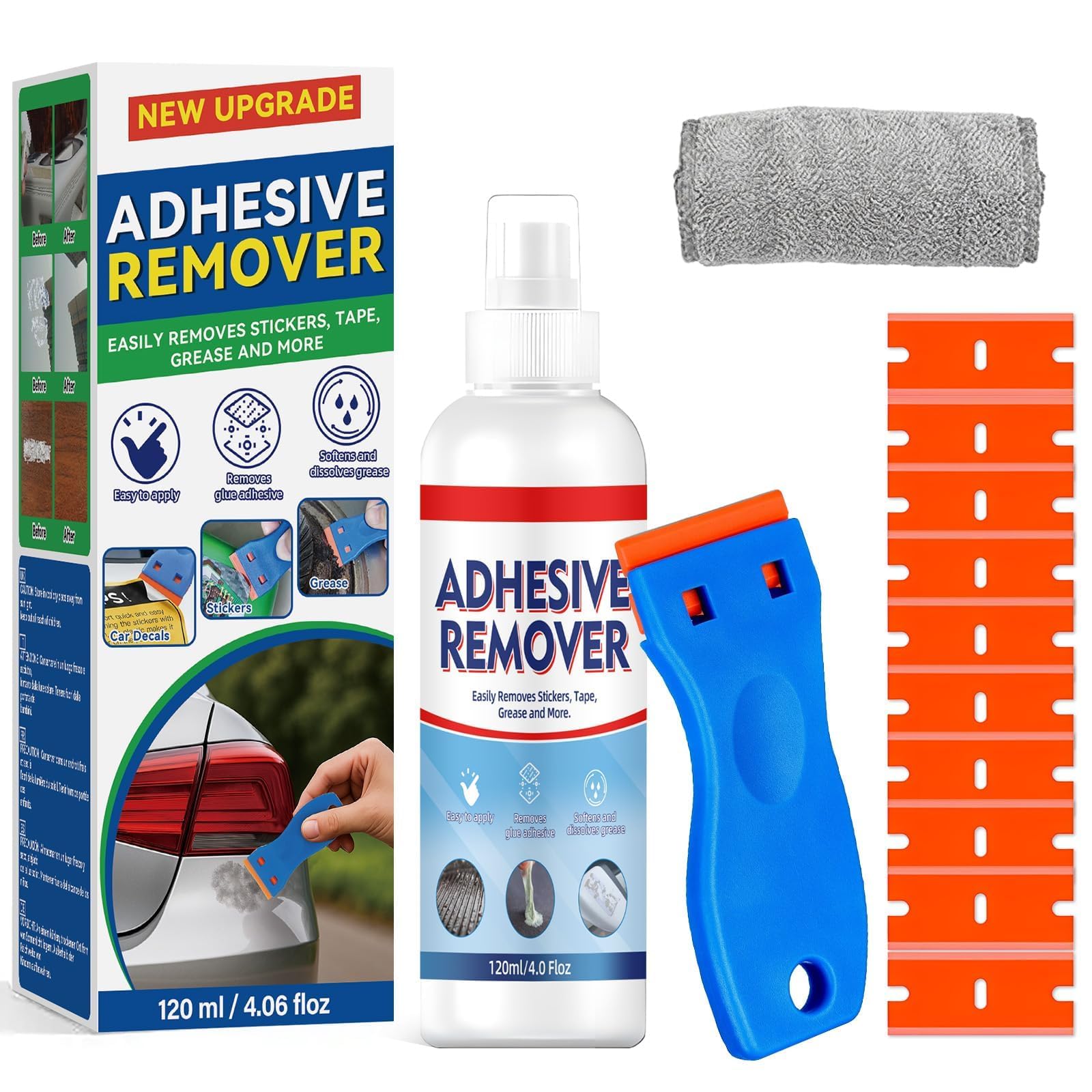 Adhesive Remover Spray, Sticker Remover Cleaning Multi-Surface Residue, Glue Remover for Tap, Decals, Glue, Chewing Gum, from Car, Windows, Glass, Plastic, Label Remover with Scraper and Towel