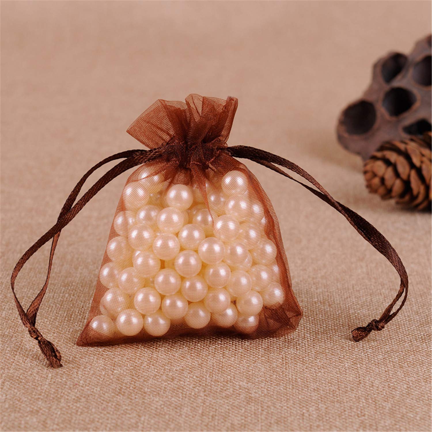 Bene Omnia 100PCS Party Organza Bags Present Sacks Wedding Favour Wrapping Reusable Christmas Drawstring Gift Bag (Coffee,30 x 40 cm)