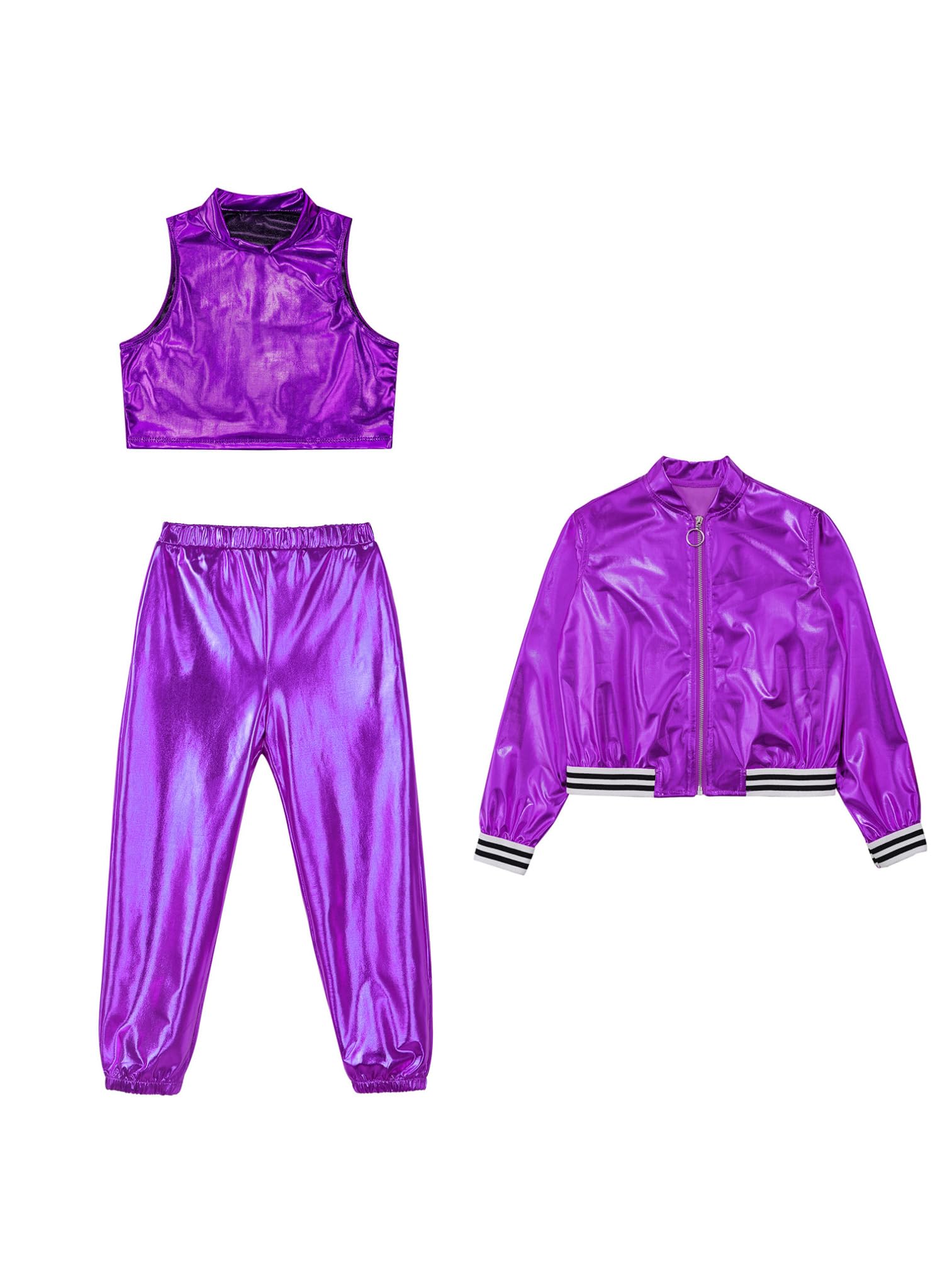 Agoky Dziewczęcy metaliczny dres do joggingu, błyszczący dres sportowy z długim rękawem, kurtka + spodnie do biegania + tank top w stylu lat 80., 90., zestaw odzieży do tańca ulicznego
