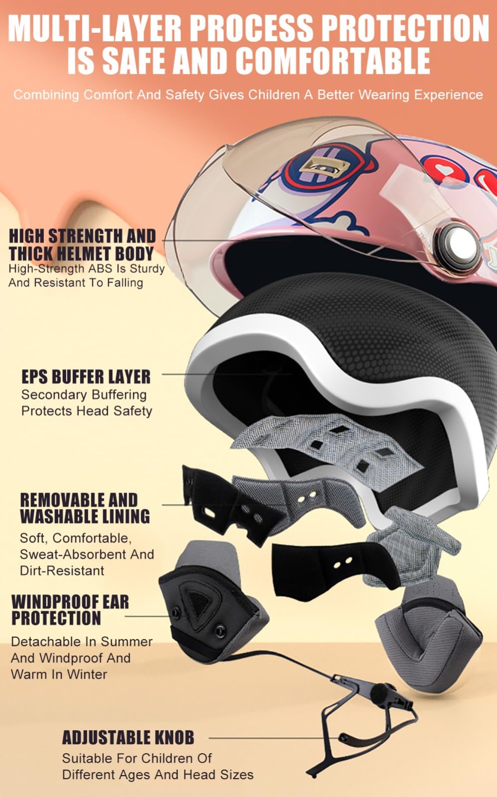 Średni Kask Motocyklowy dla Dzieci, Śliczne Kreskówka Kaski dla Dzieci z daszkiem słonecznym, odpowiednie dla motocykli, Rowery Ulicowe dla Dzieci 6-15 Lat