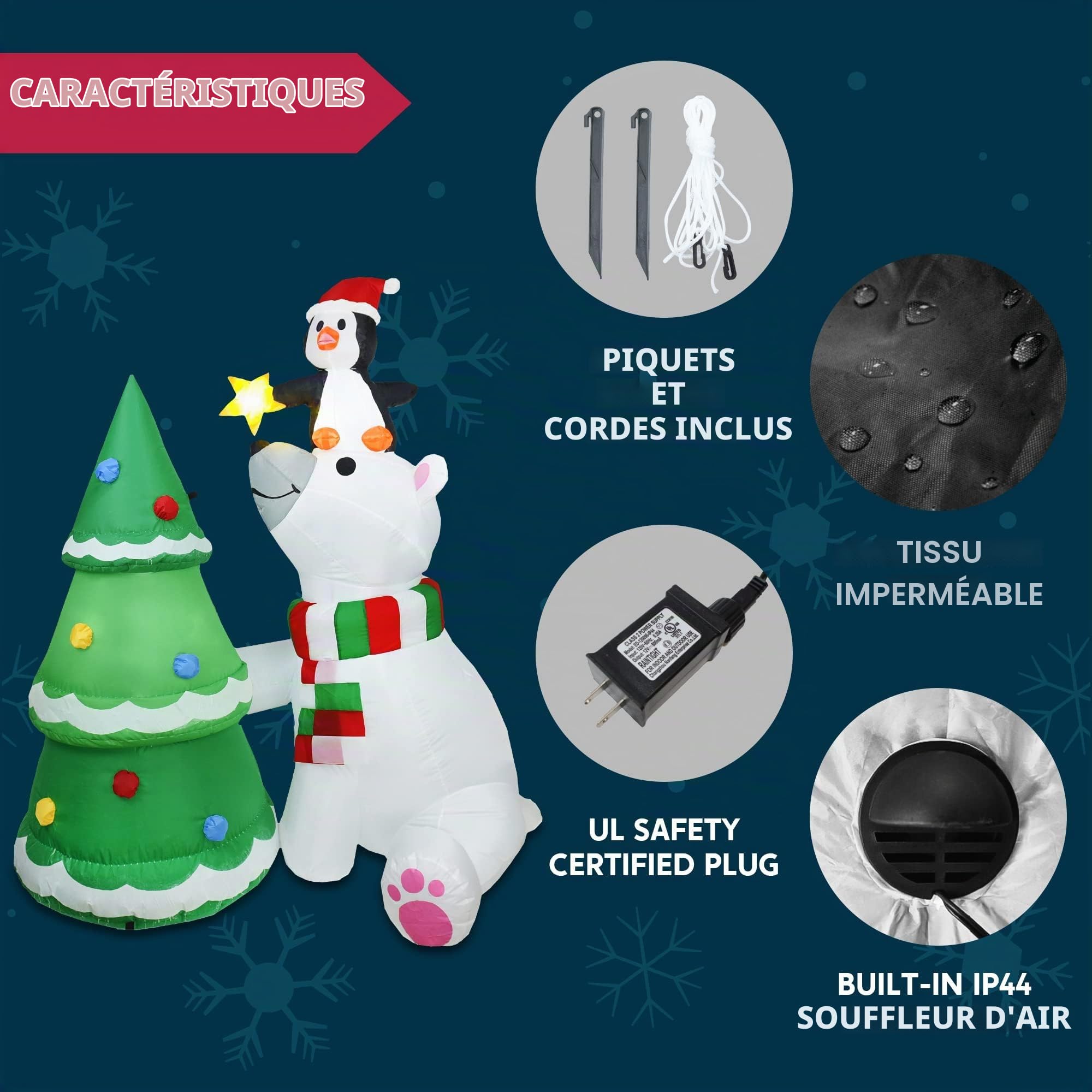 Joiedomi Ours Polaire Gonflable de 1,8 m avec Pingouin et Sapin de Noël avec LED intégrées pour fête de Noël en Plein air, Cour, Jardin, décoration d'hiver