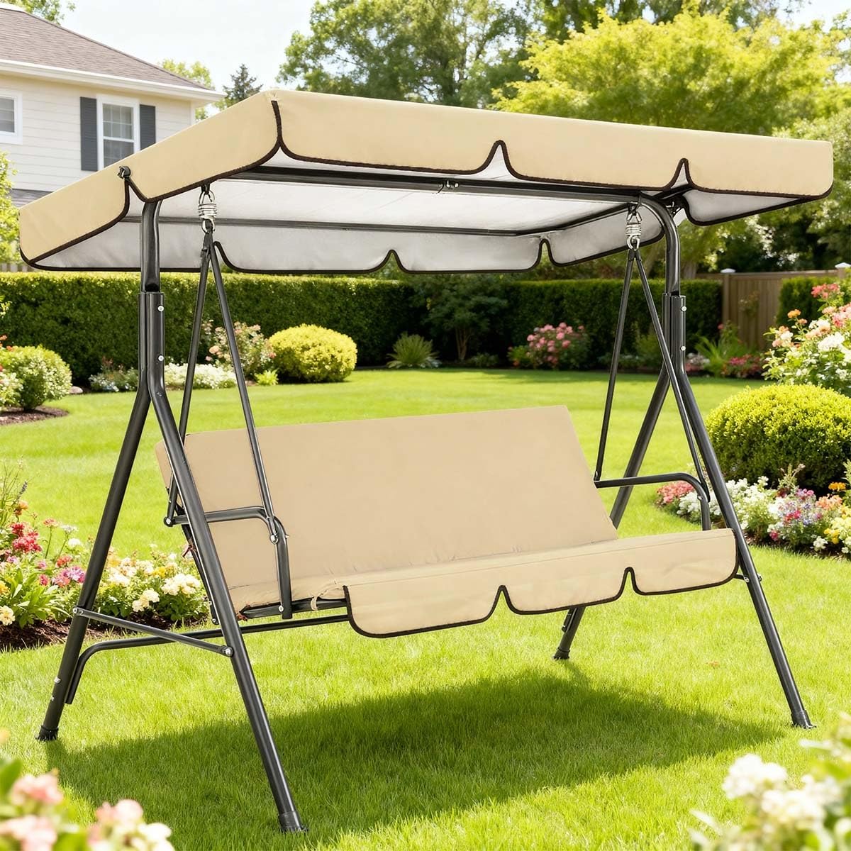 Copertura impermeabile di ricambio per altalena, Tetto in poliestere kaki per altalena da veranda con volant, protezione dai raggi UV, resistente al vento(249x185x18cm)