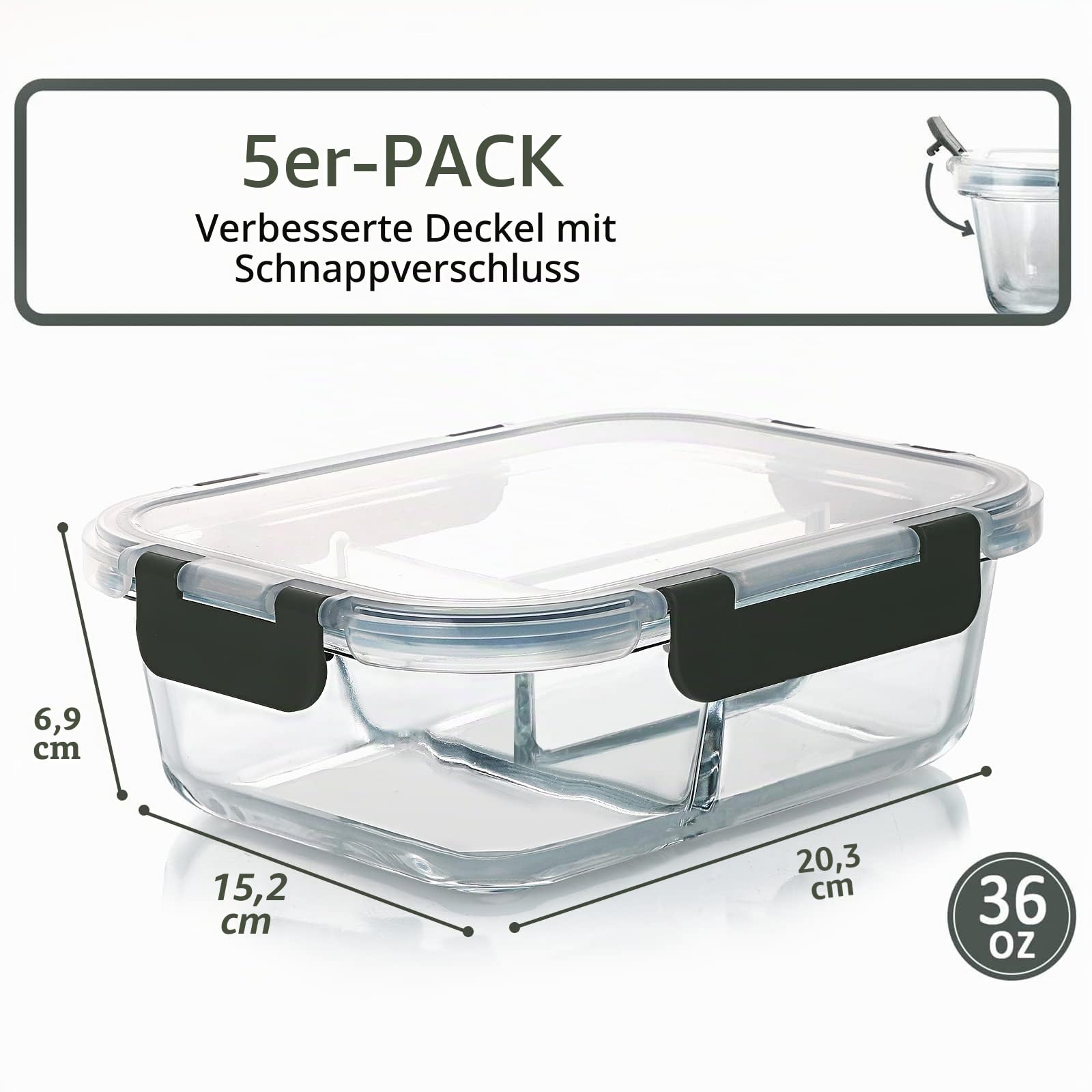 [5 Packungen] Glasbehälter für Mahlzeiten mit 3 Fächern mit Deckeln, Glas-Lunch-Behälter, Lunchbox, Bento-Box, BPA-frei, Mikrowelle, Backofen, Gefrierschrank, spülmaschinenfest (36 oz)