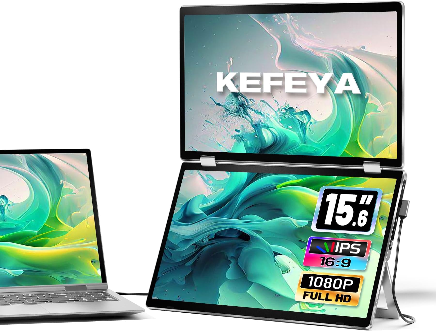 KEFEYA Laptop Screen Extender, 15.6" Portable Monitor for Laptop with 340°Rotation, Full HD Stacked Folding Monitors Build-in Stand VESA, Compatible with Windows & Mac, Plug and Play